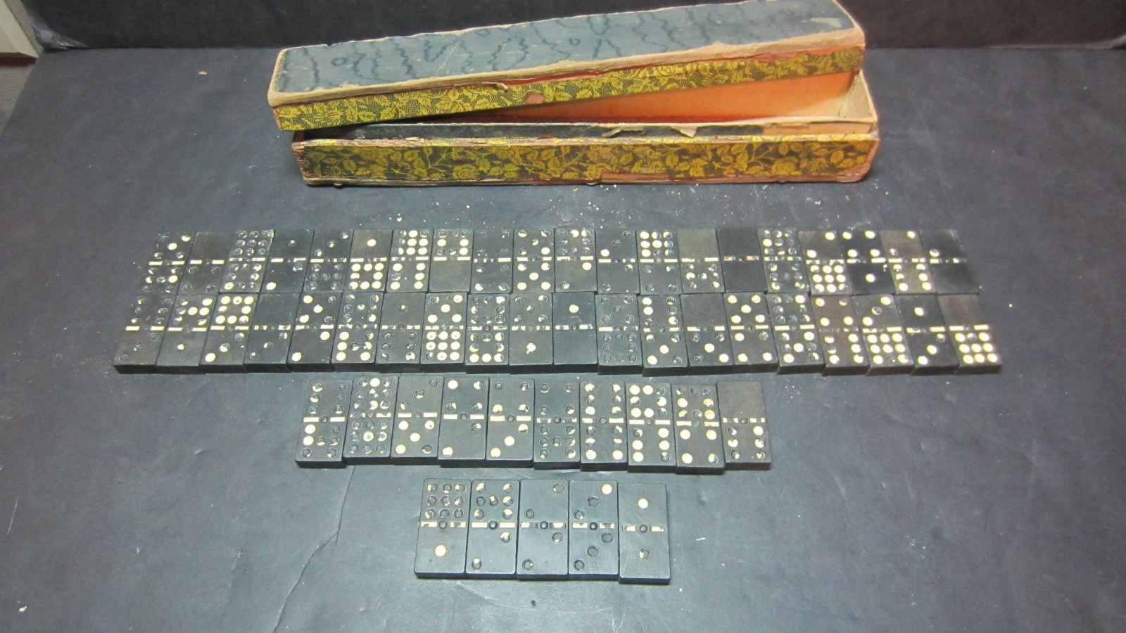 Vintage Wood Dominoes White Dots Shedding 55 Pieces in Old Floral Wood Box Worn