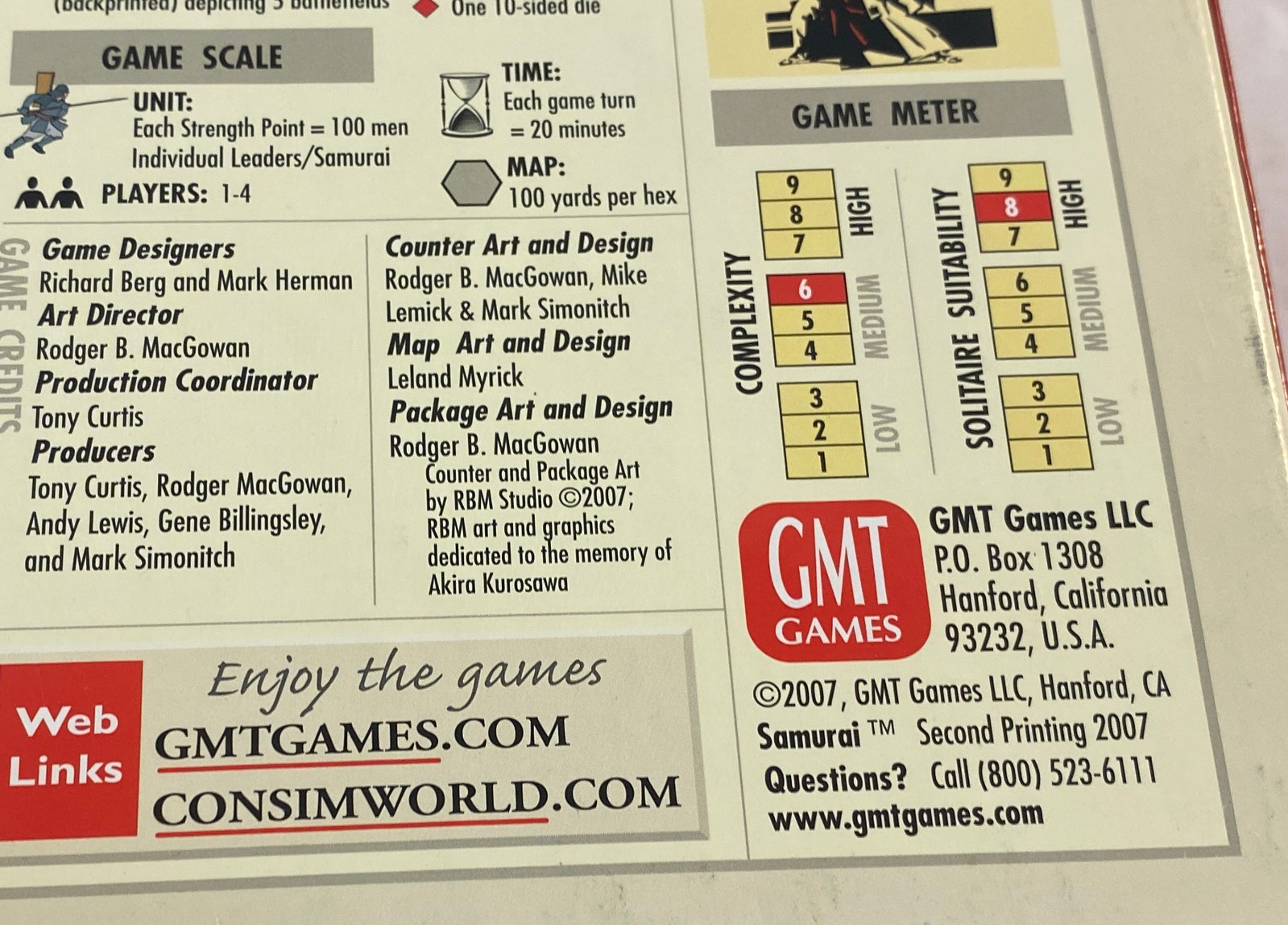 SAMURAI 2ND ED: WARFARE IN 16TH CENTURY JAPAN BOARD GAME 2007 GMT 9601-07