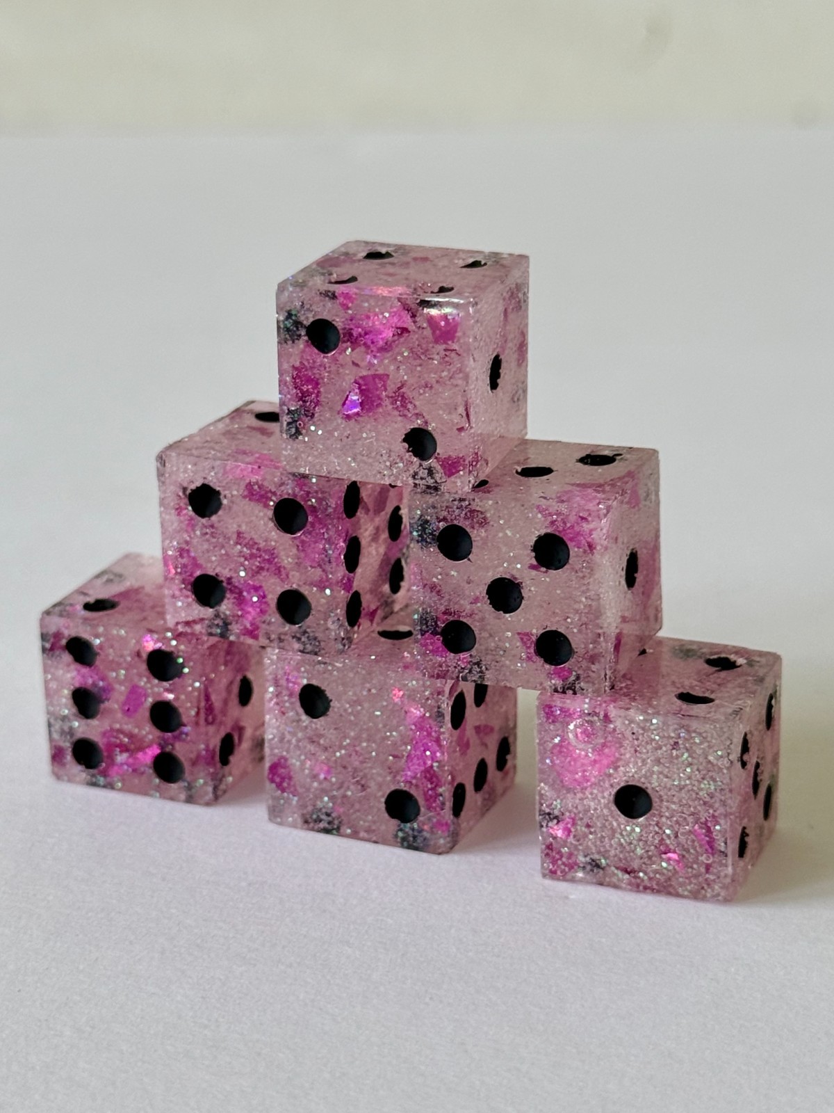 Resin Dice Set 6pcs – Pink Foil Black Dots – Handmade Replacement Dice Games