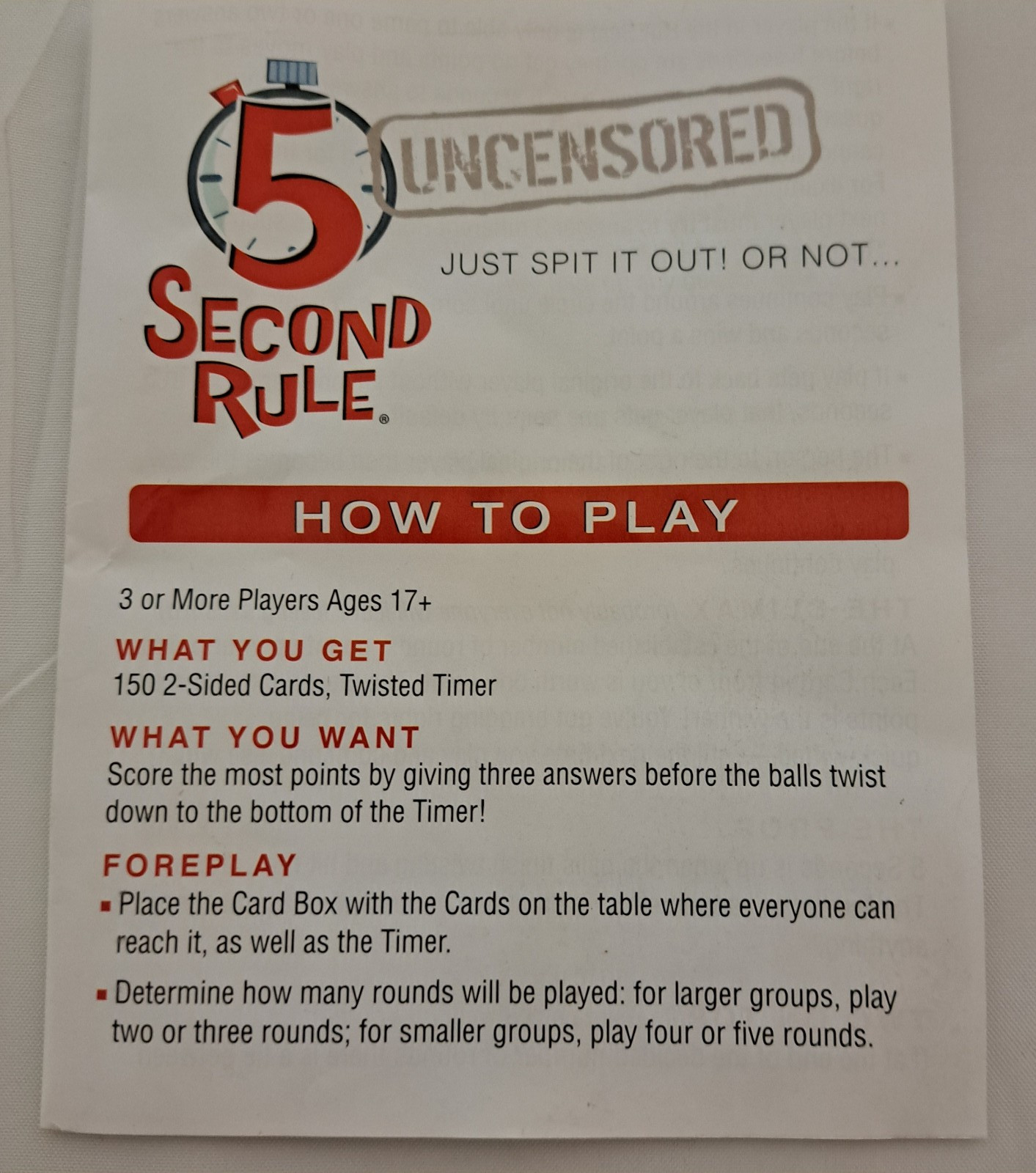 5 Second Rule Uncensored Fun Game Night Adult Questions & Timer 17 yrs +