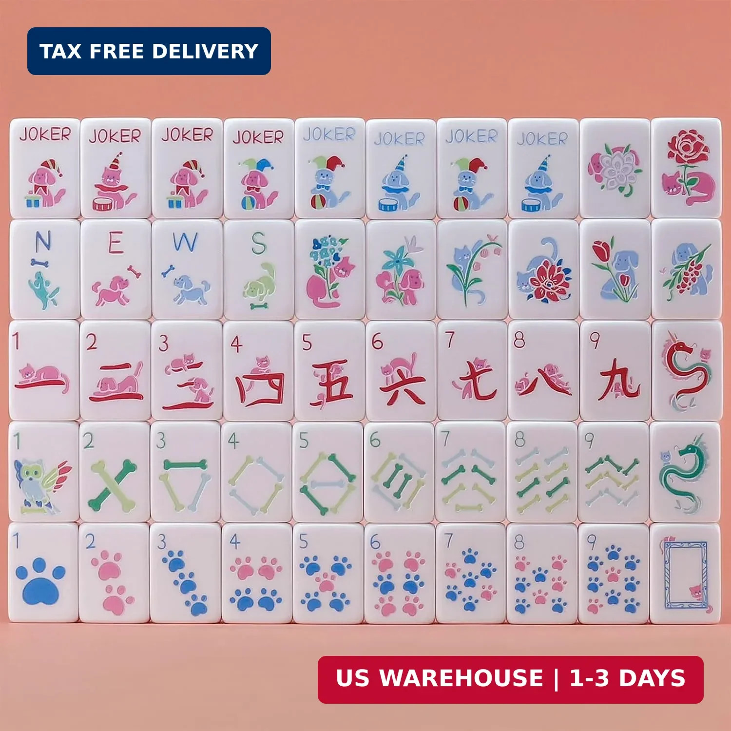 Dogs and Cats Themed Mahjong Tile Set – 160 Acrylic Engraved Tiles & American Ma