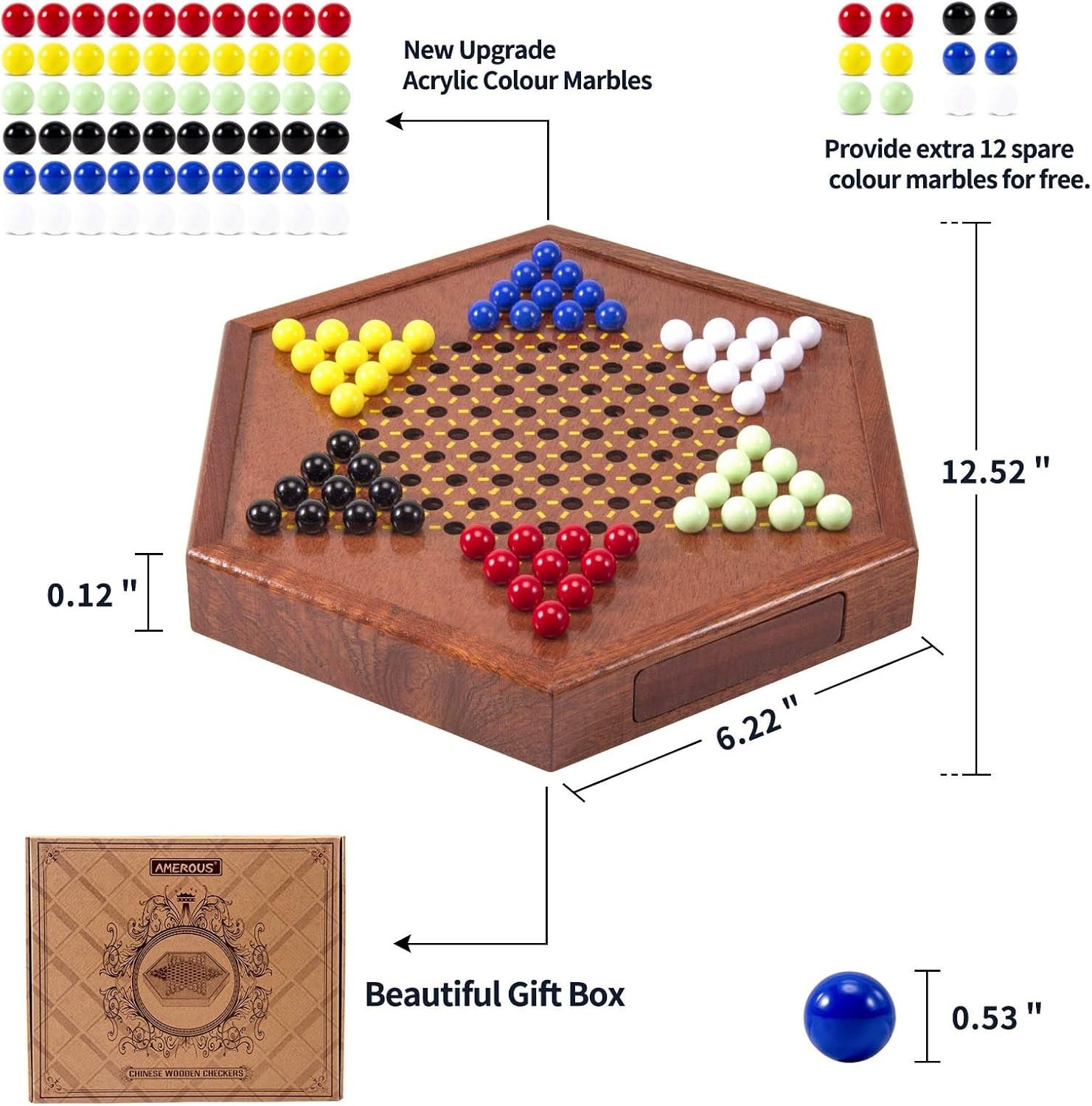 12.5 Inches Wooden Chinese Checkers Set with Storage Drawer – 60 Acrylic Marbles