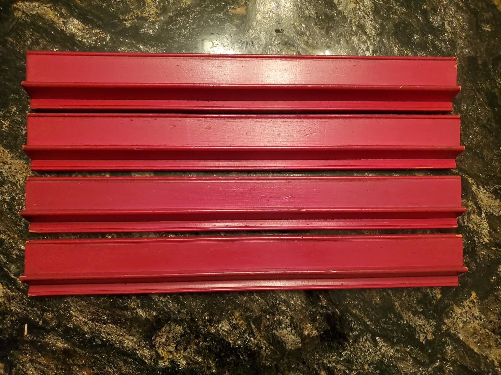Vtg Red Camphor Wood Mahjong Racks Set of 4 Fong Kee Ma Jeuck 16.5″x 2.125″ Wide