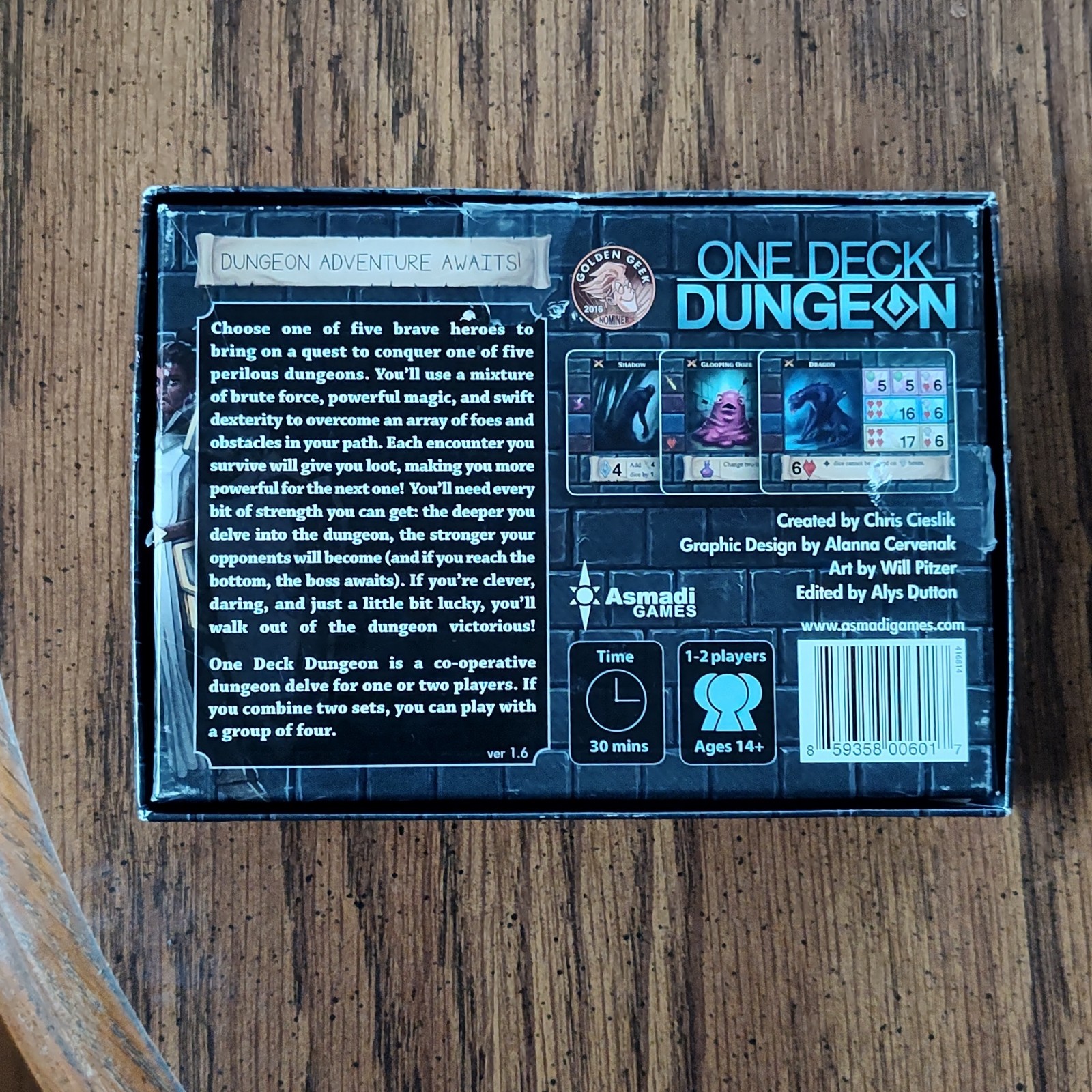 Asmadi Games One Deck Dungeon Fantasy Board Game Co-op Solo 1-2 Players 14+