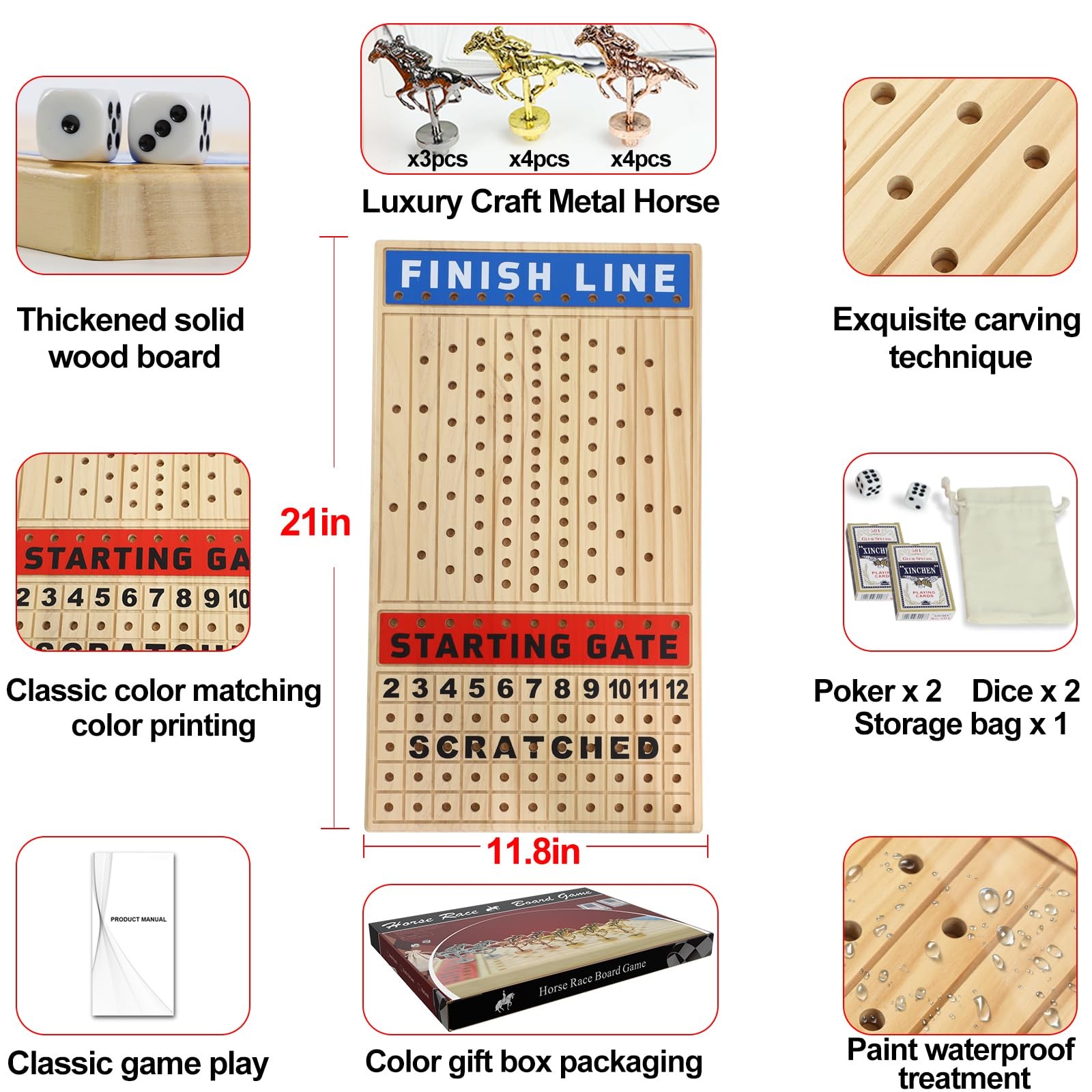 Large 21 inches Horse Racing Board Game with 11 Luxury Metal Horses Thickened Wo