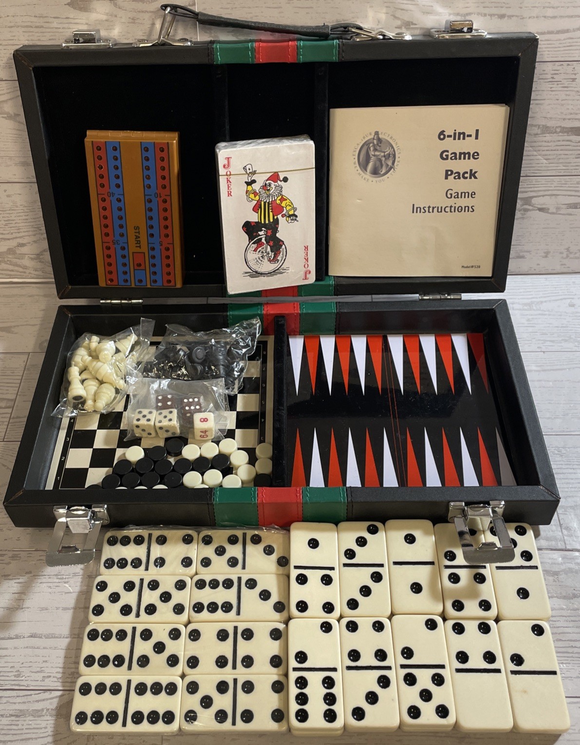 Excalibur 6 in 1 Game Black Portable Travel Case Chess Domino Cards Checkers VTG