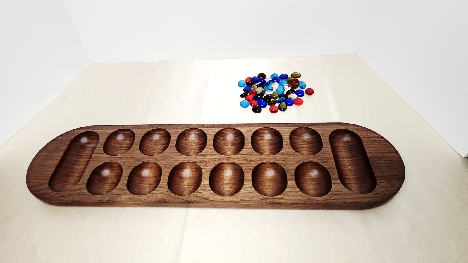 Vtg FAO Schwarz Cardinal MANCALA Premiere Edition Solid Walnut Wood & Gemstones