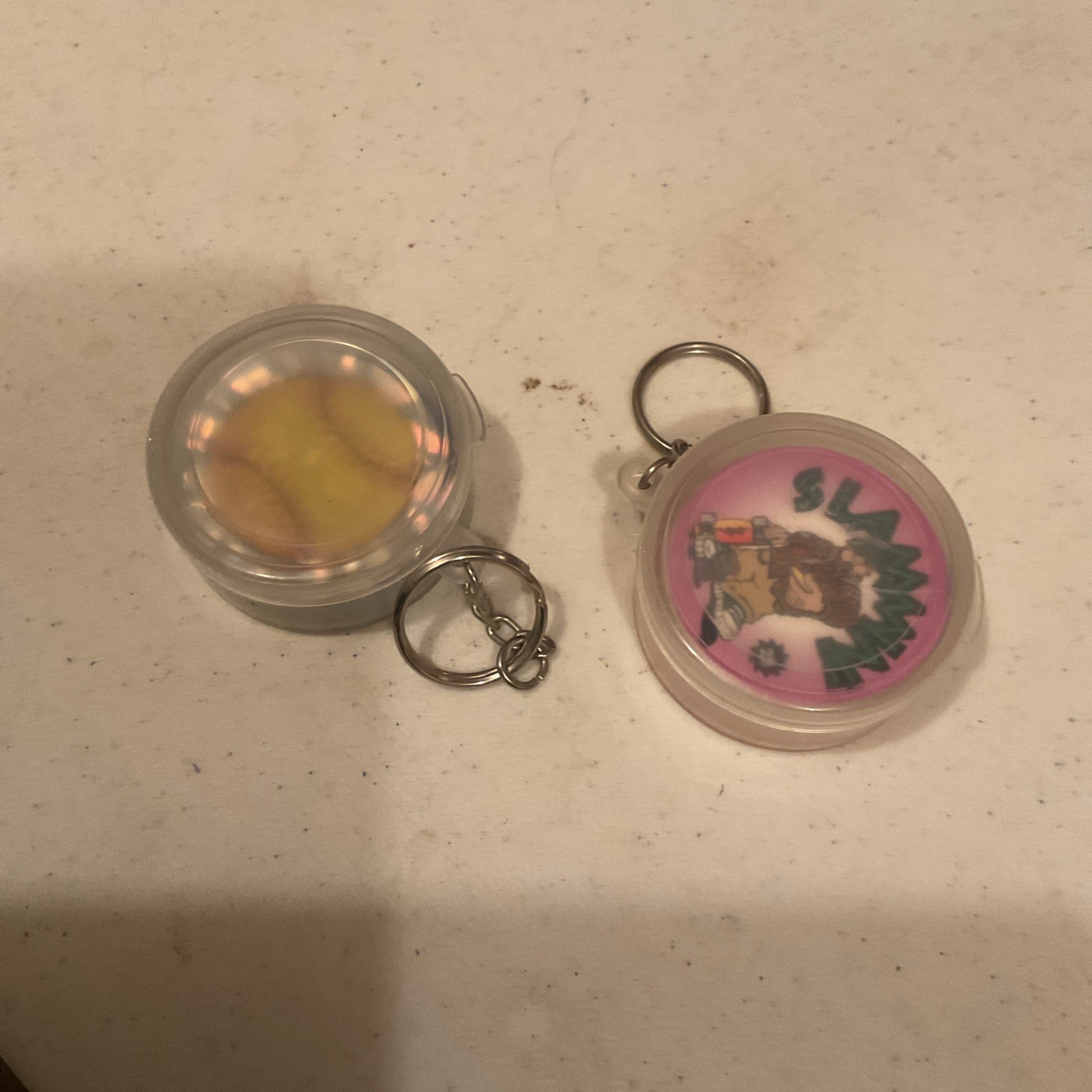 2 Vintage POG Game Pieces Slammers Storage Container Keychain Pogs Keyring Lot
