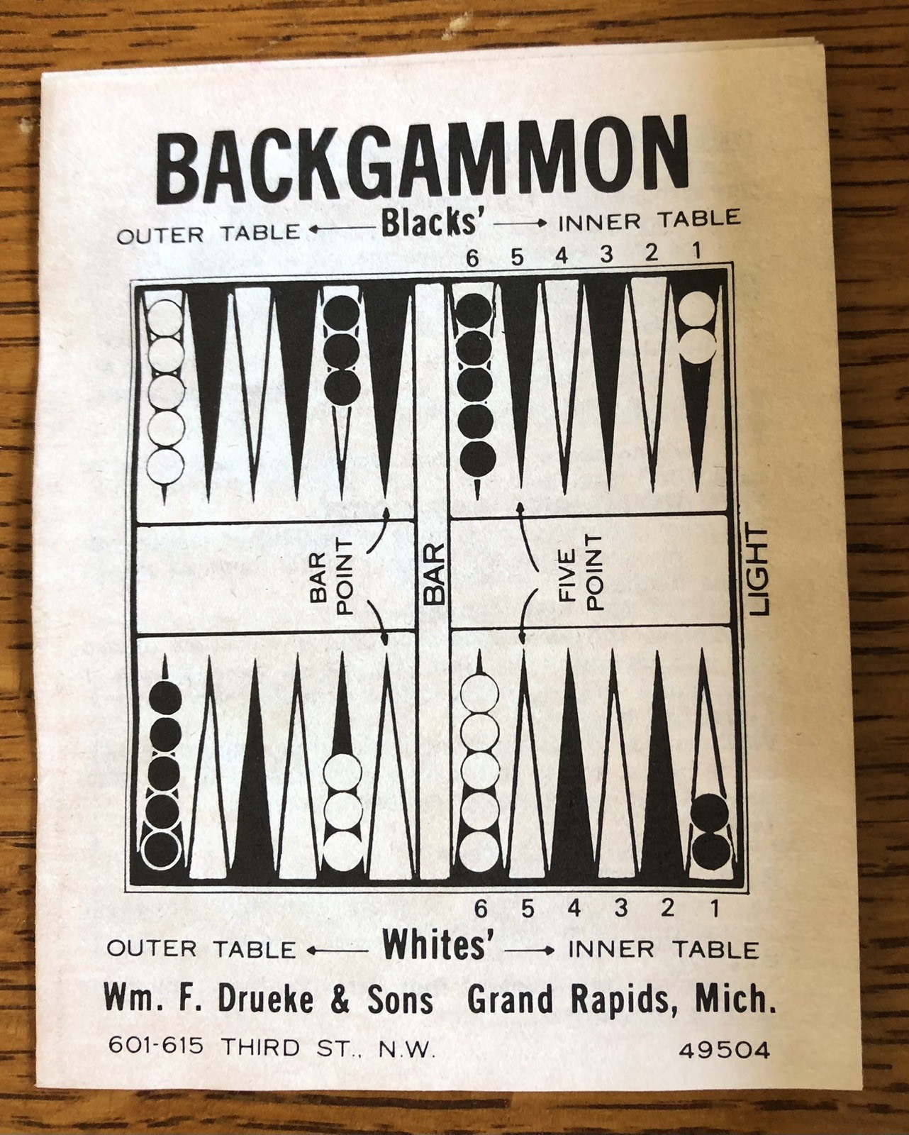 Wm. F Drueke & Sons American Walnut Peg Backgammon #49504 Complete