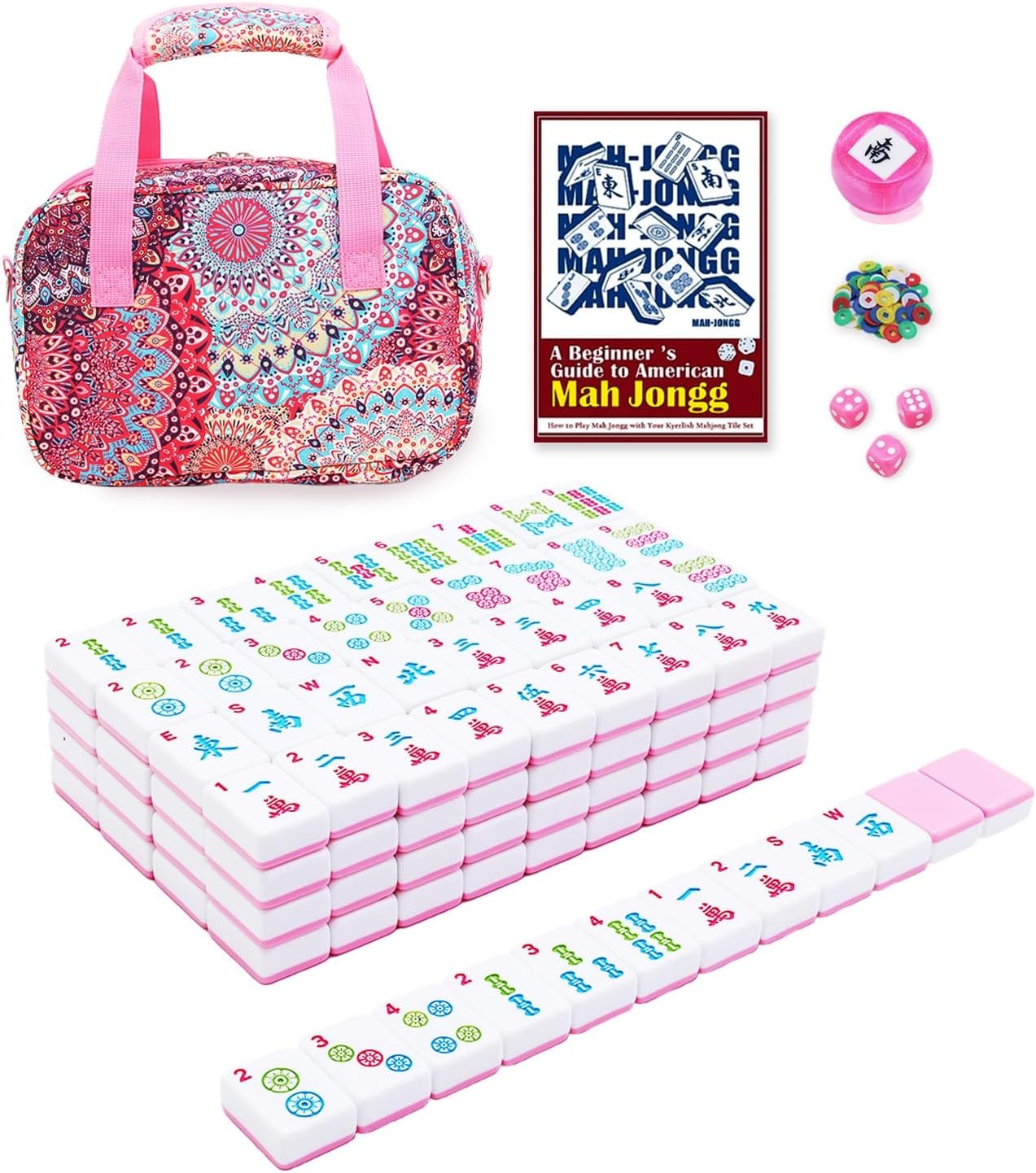 166 Pink American Printed Mahjong Game Set with Carrying Bag and Accessories, 1.