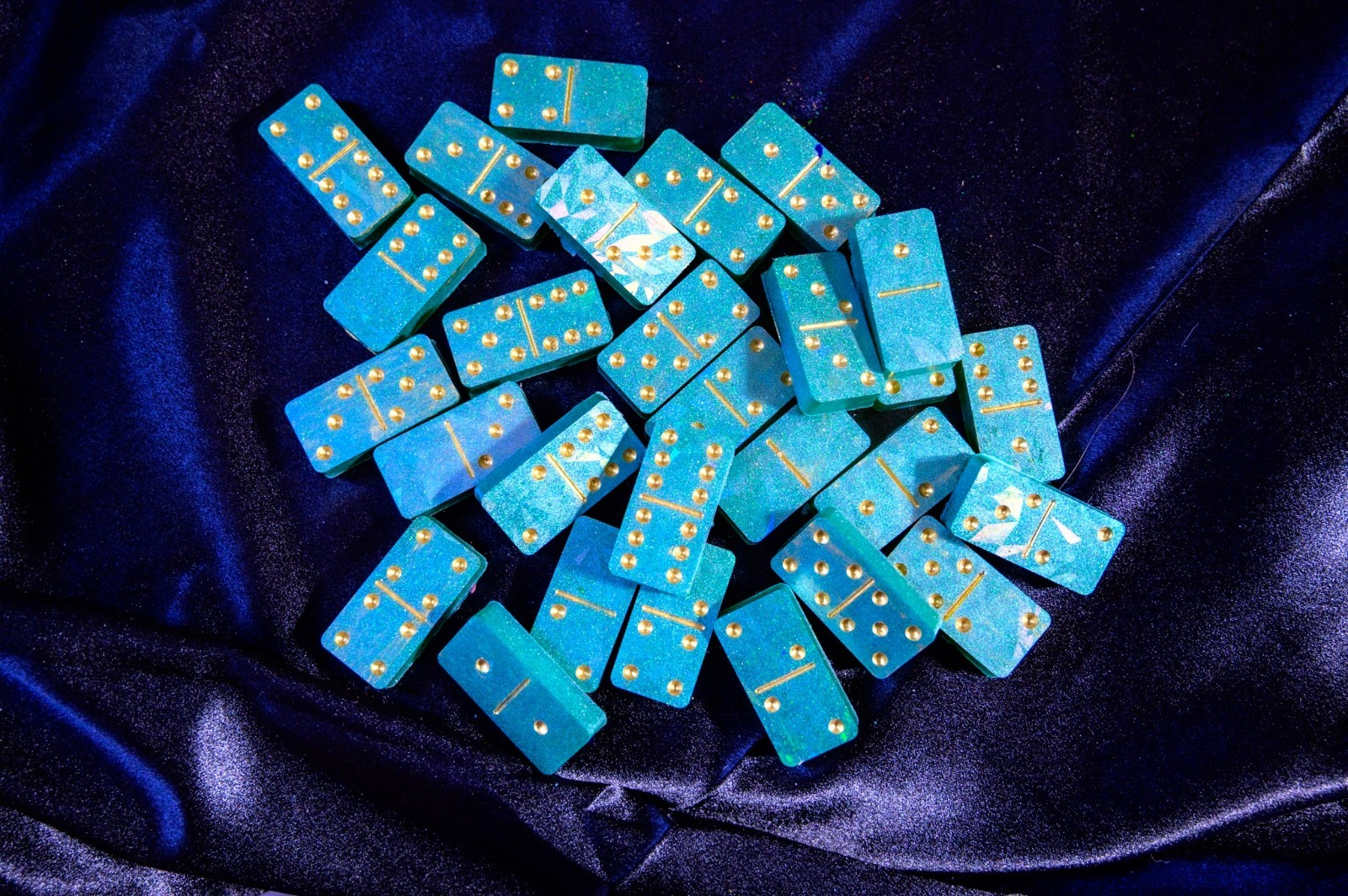 Handmade Resin Teal Holographic Glitter Dominoes Gold Pips Double Six Set