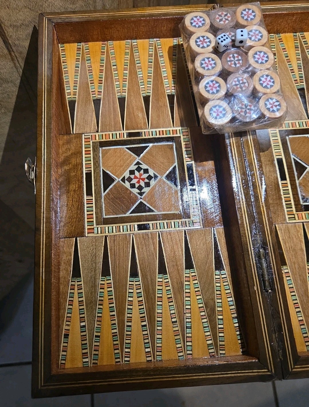 Vintage Mosaic Inlay Chess Backgammon Set Handcrafted Wood Marquetry Game Box