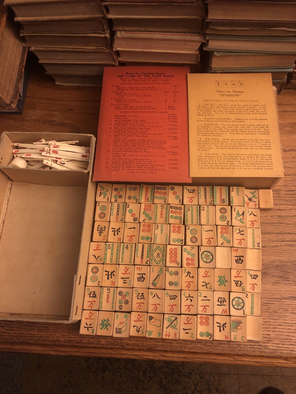 Vintage Ma Jong Set, 1923 Complete, 148 Bamboo Tiles, Original Box, Sparrow