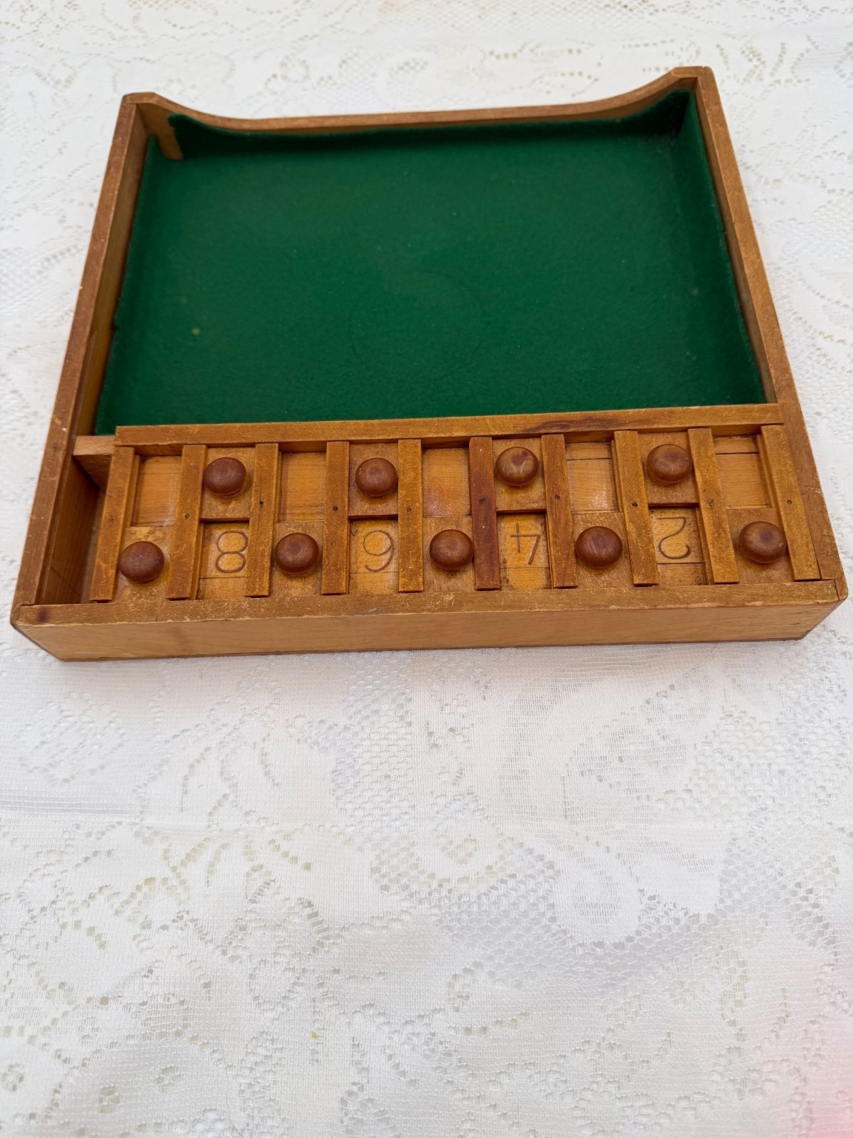Vintage Shut The Box Wooden Game Felt Surface & Bemis Manufacturing Co. Label