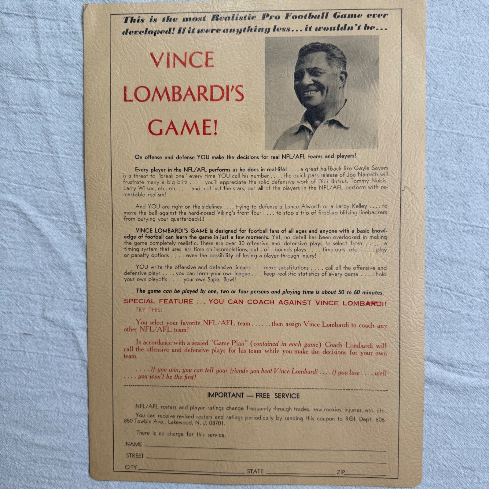 1970 Vince Lombardi’s Game NFL AFL Football Board Game Research Games Vintage