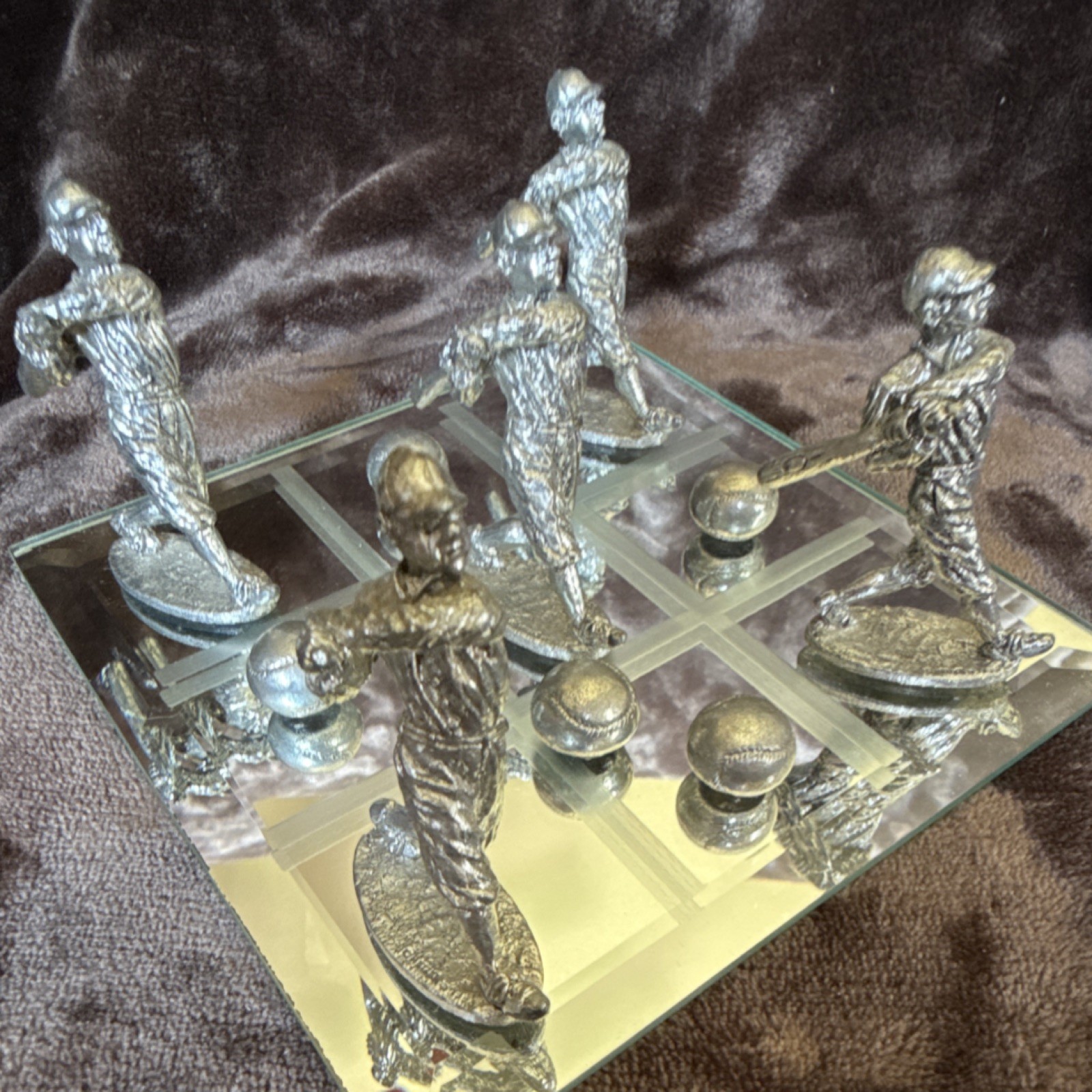 Tic Tac Toe Board Game Set Mirrored Glass Grid w/ Pewter Baseball Figurine Pcs