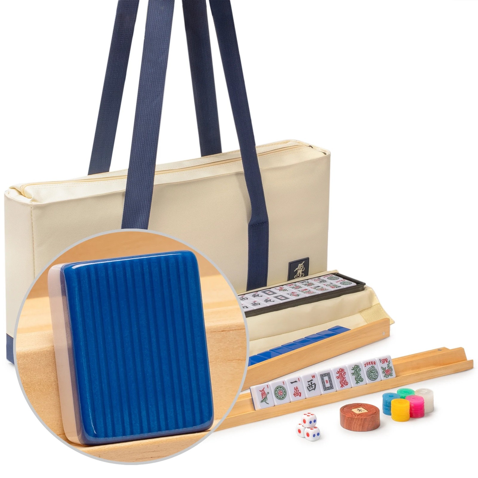 American Mahjong HARBOR TIDE Blue Tiles Beige Bag Rack/Pusher FX-AM009-A New