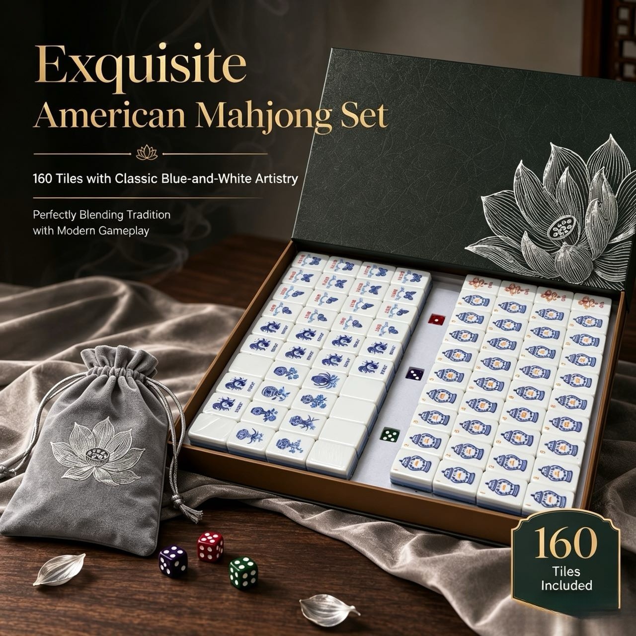 American Mahjong Set 160 Blue and White Porcelain Mahjong Tiles, US Stock