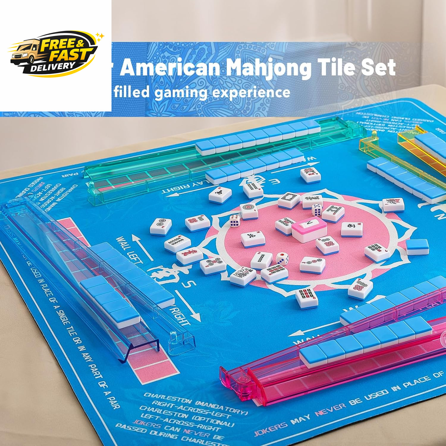 American Mahjong Tile Set with Blue Printed Carrying Bag, 166 Premium Tiles, 4 A