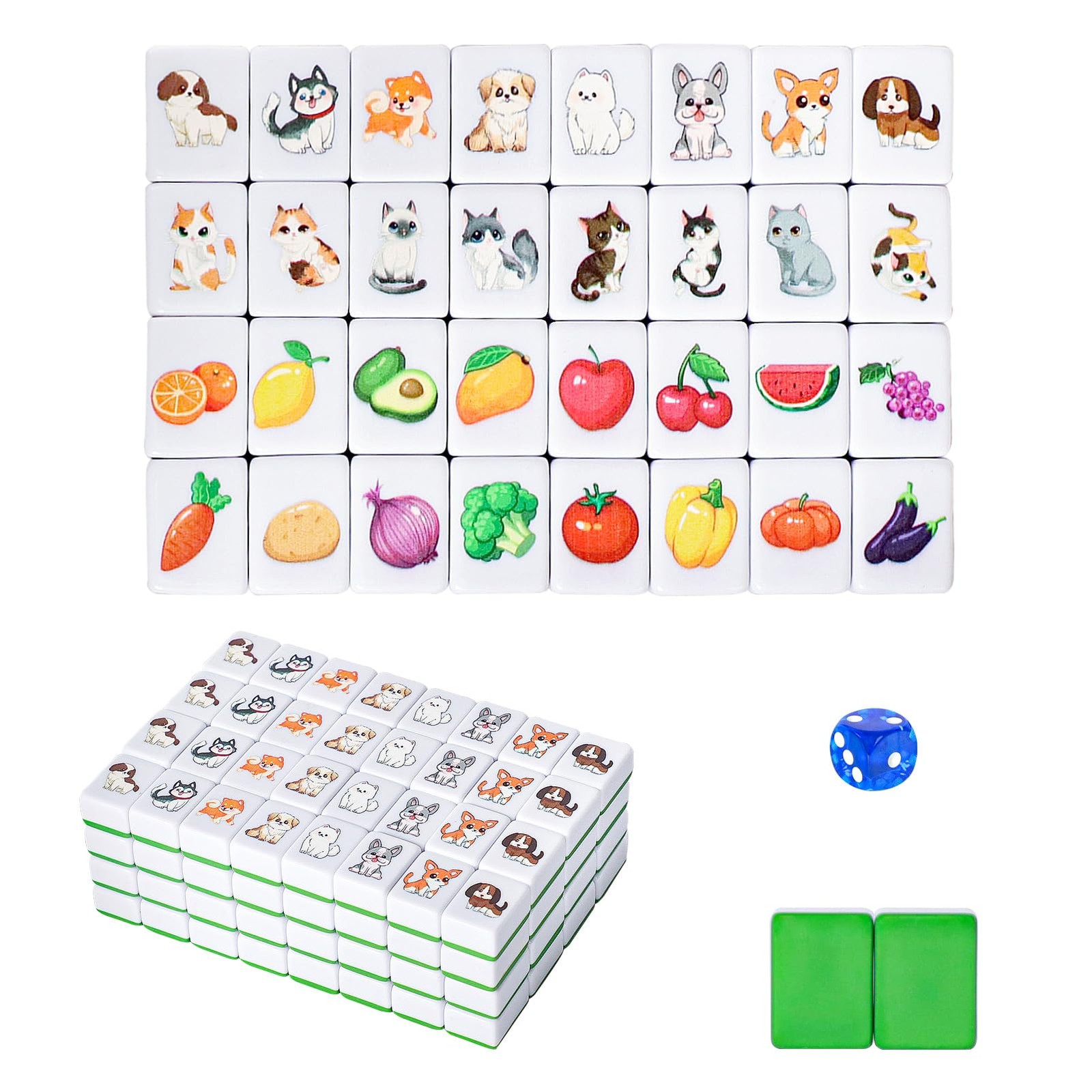Gracias 4 Players Mahjong Block Set 128 Green Tiles1.18 Animal And Food Pattern