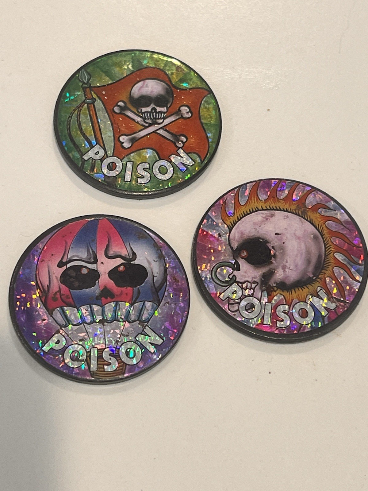 Vtg POGS HEAVY METAL POISON POG SLAMMERS SET OF 3 Skull Metal Lot 90s