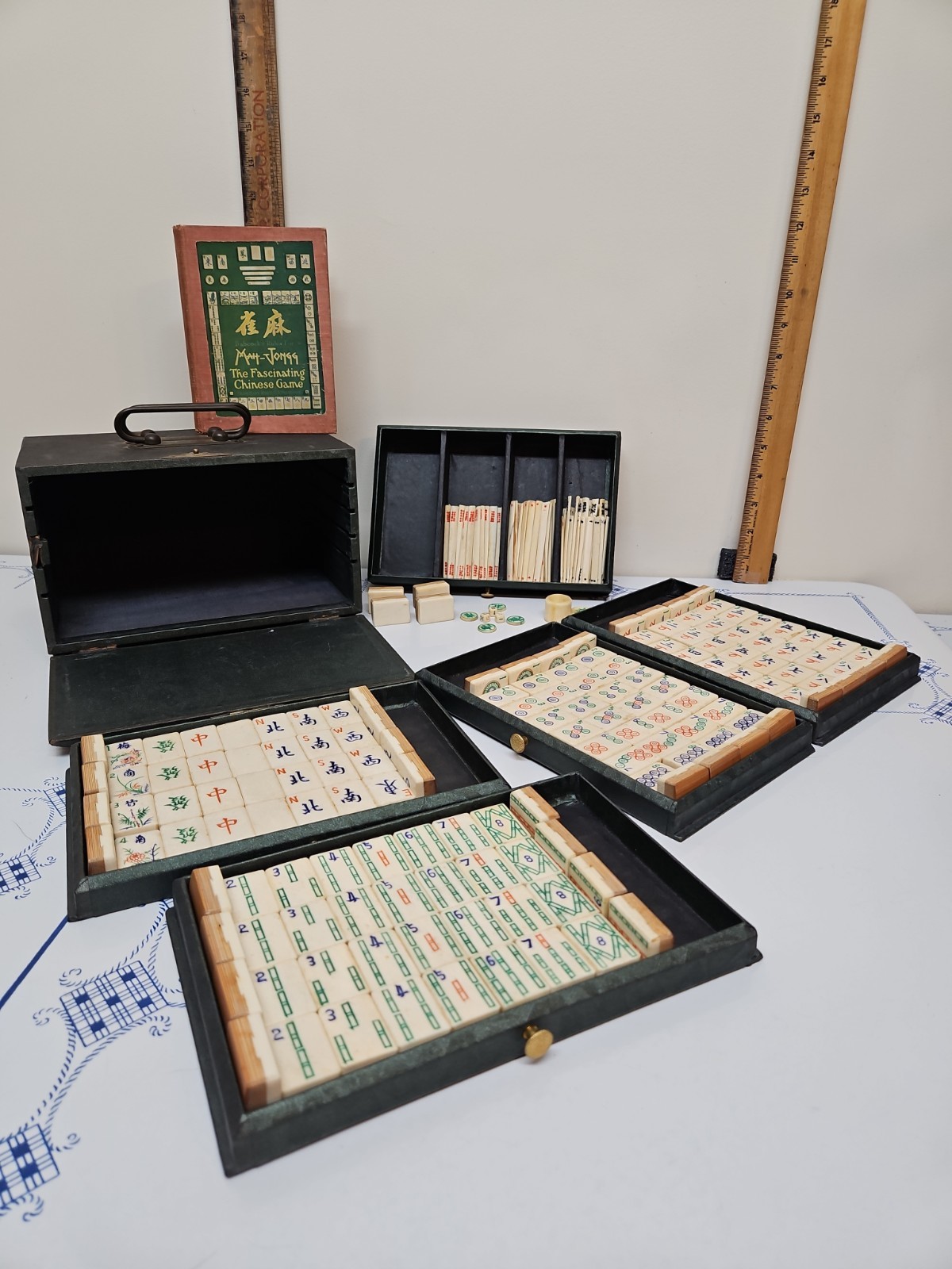 MAHJONG SET. With Beautiful Bone and Bamboo Tiles in Ornate Case W/Book Antique