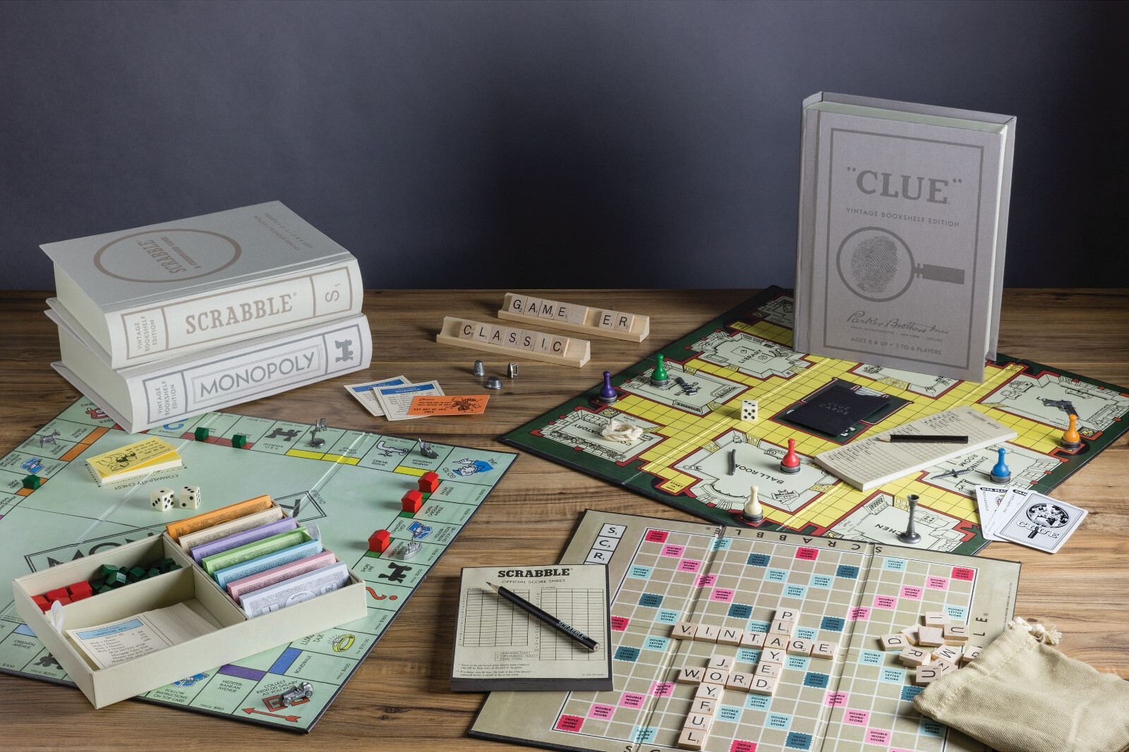 WS Game Company Set of 14 Vintage Bookshelf Linen Book Board Game Collection New