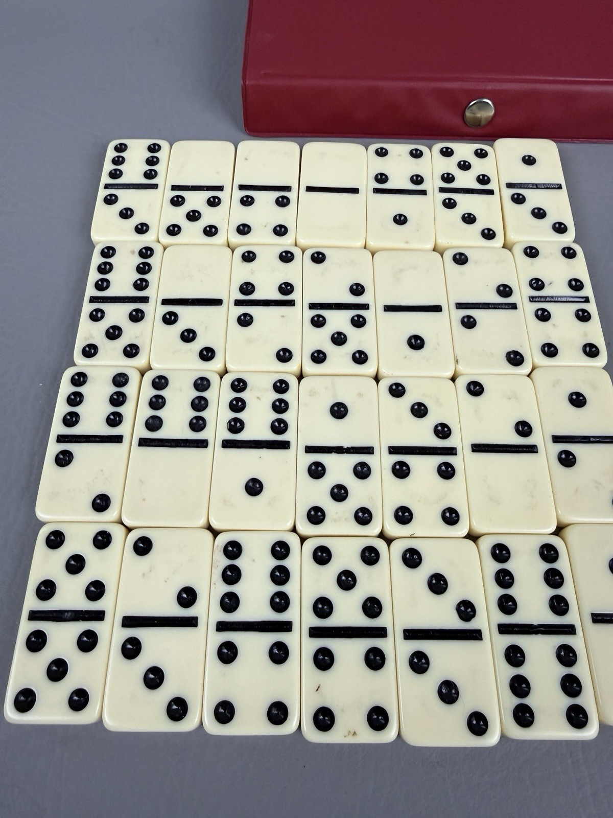 Vintage Cardinal Double Six Dominoes Set Complete 28 Ivory Tiles Red Vinyl Case
