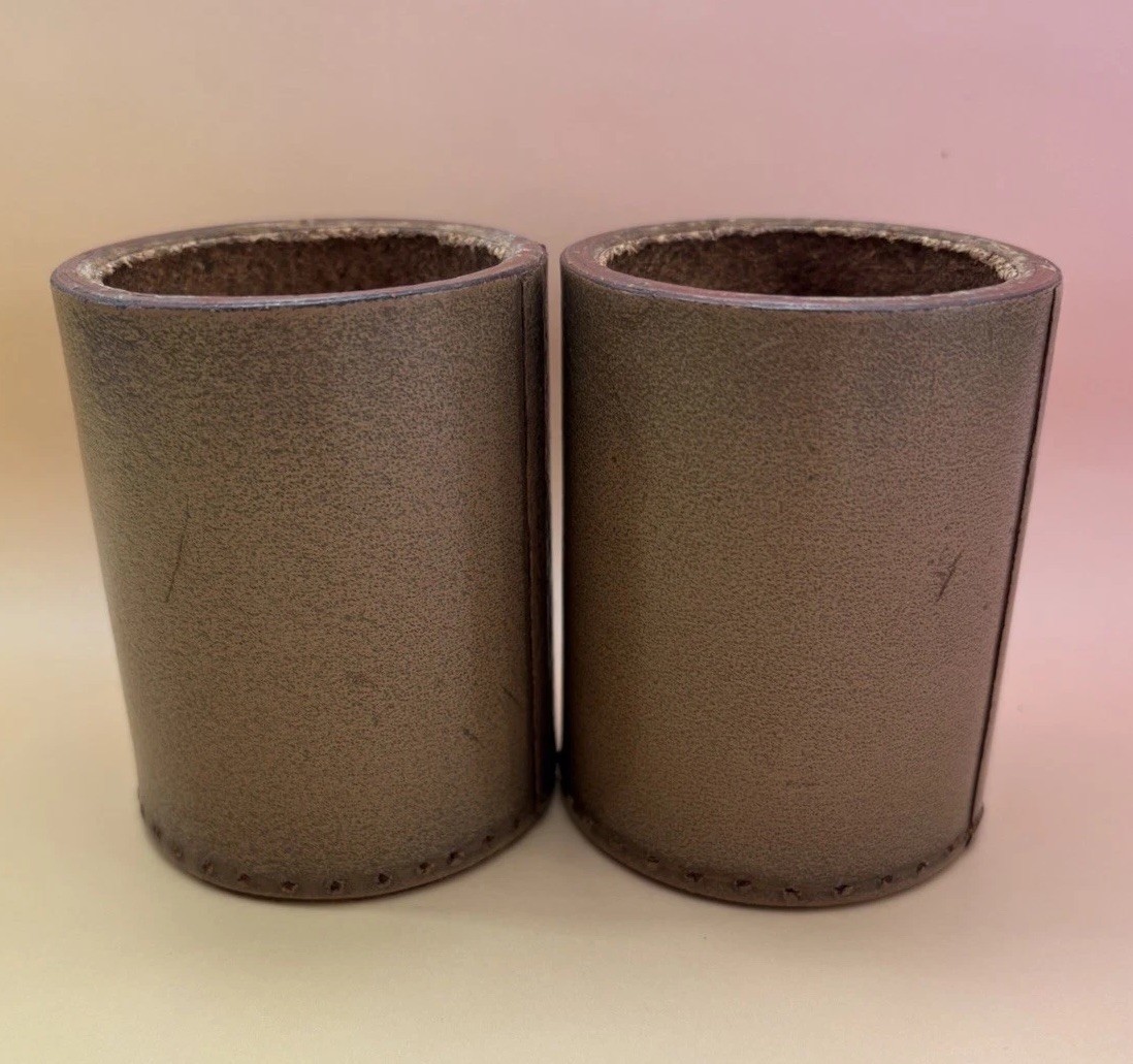 TWO Vintage DICE CUPS Shakers Tan Leather Round Backgammon Crisloid-Style