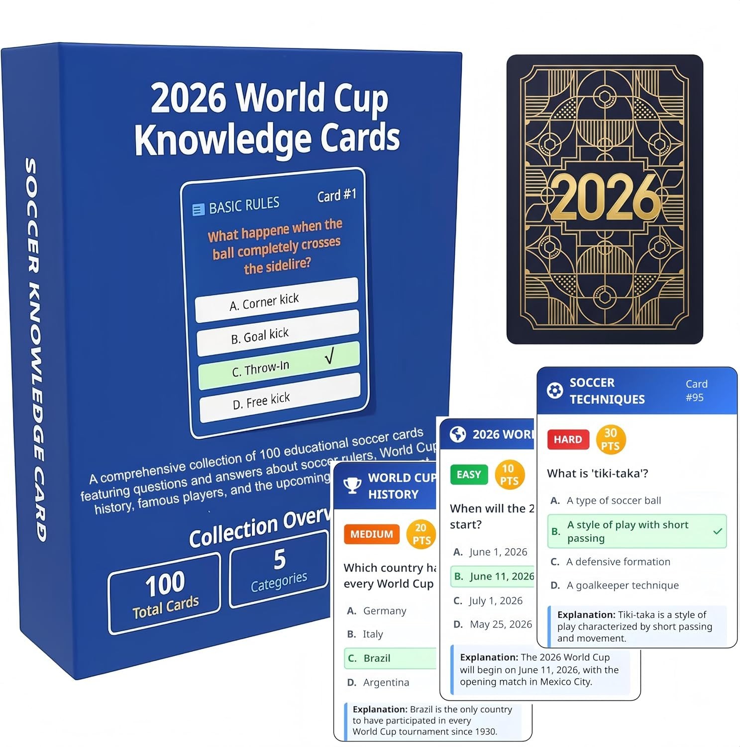2026 World Cup Soccer Knowledge Trivia Card – 5 Categories, 3 Difficulty Leve…