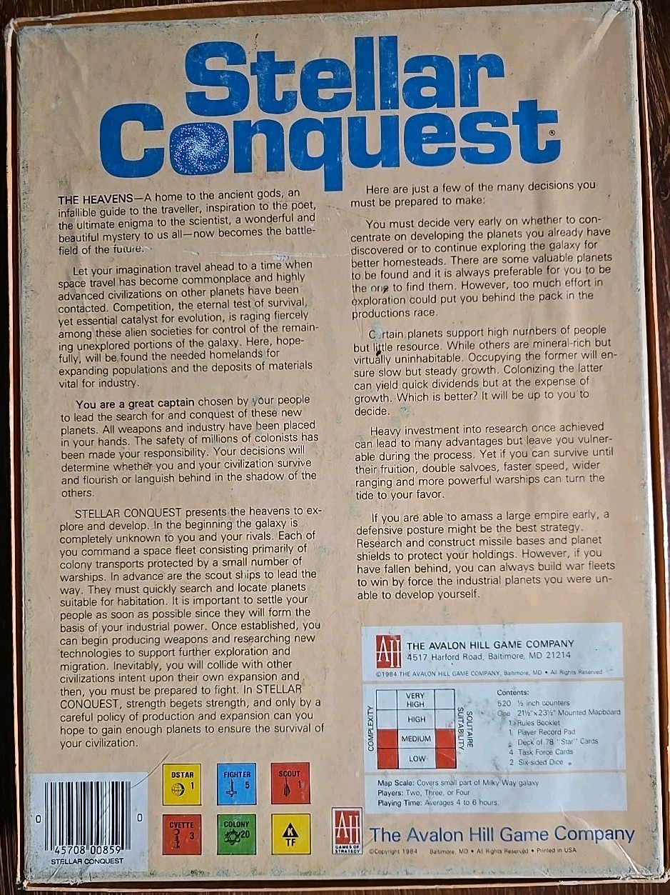 Vintage Stellar Conquest Board Game 1984 Avalon Hill Space Strategy Sci-Fi USA