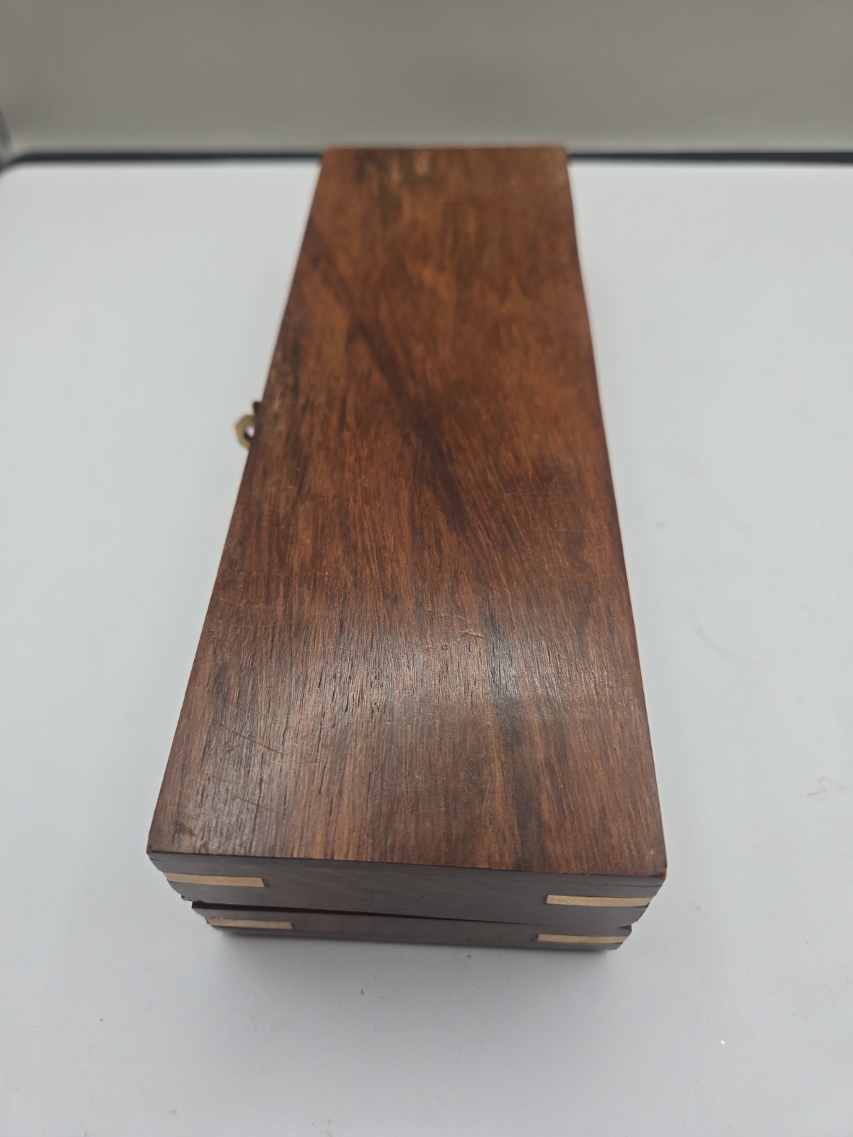 Double Six Wood Dominoes Set w Brass Inlays in Wooden Case With Latch Rare!