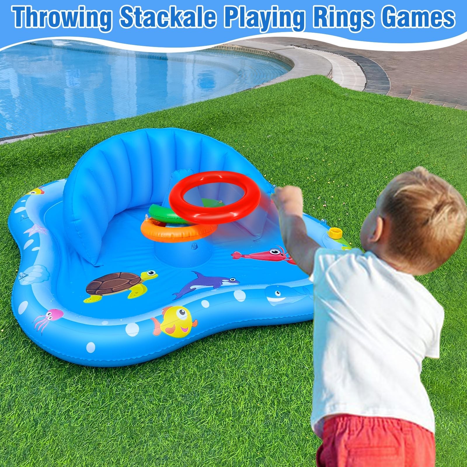 Inflatable Baby Pool Float with Canopy Backrest & Stackable Rings Water iGeeKid