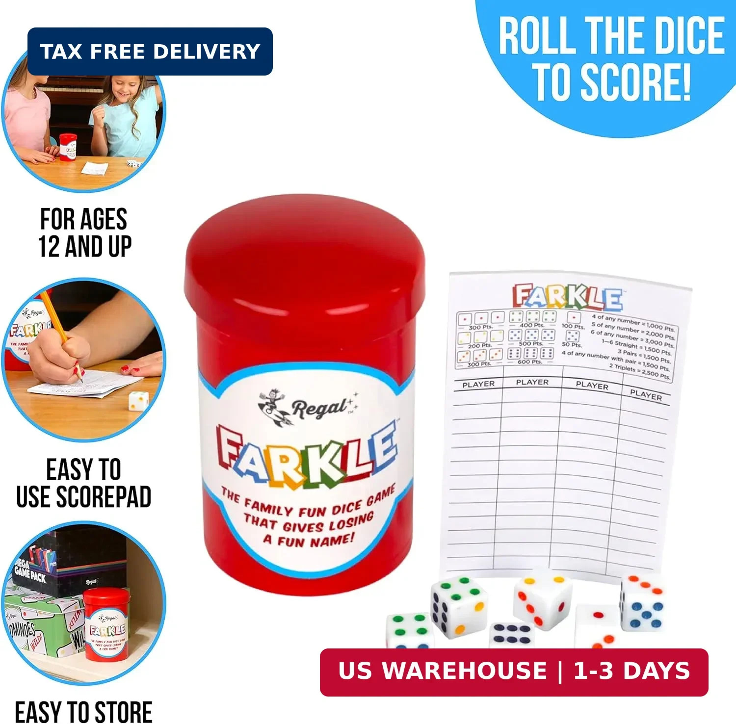 Regal Games – Farkle Classic Dice Game w/ 6 Colored Dice, 1 Convenient Dice Cup