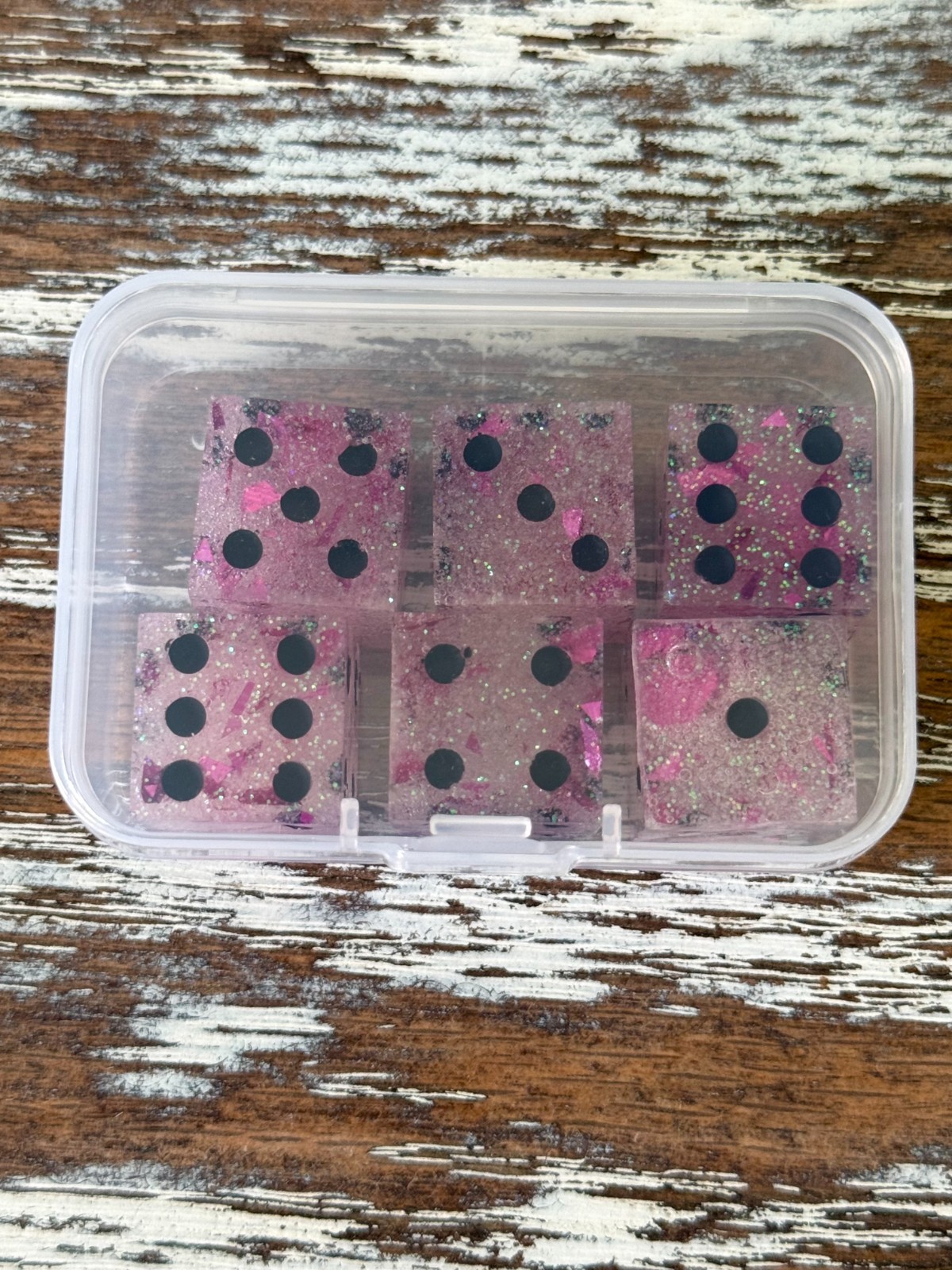 Resin Dice Set 6pcs – Pink Foil Black Dots – Handmade Replacement Dice Games