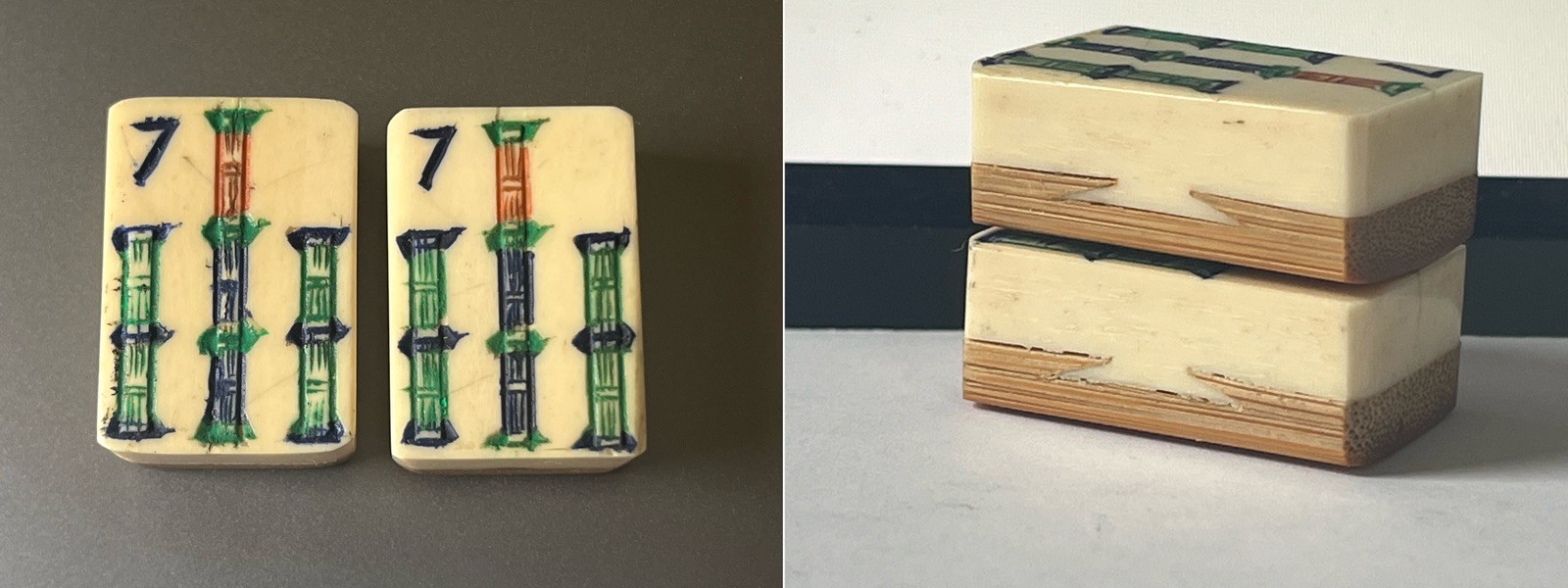 2 Vtg 1920s Mahjong Bone/Bamboo Replacement Tiles 7 BAM