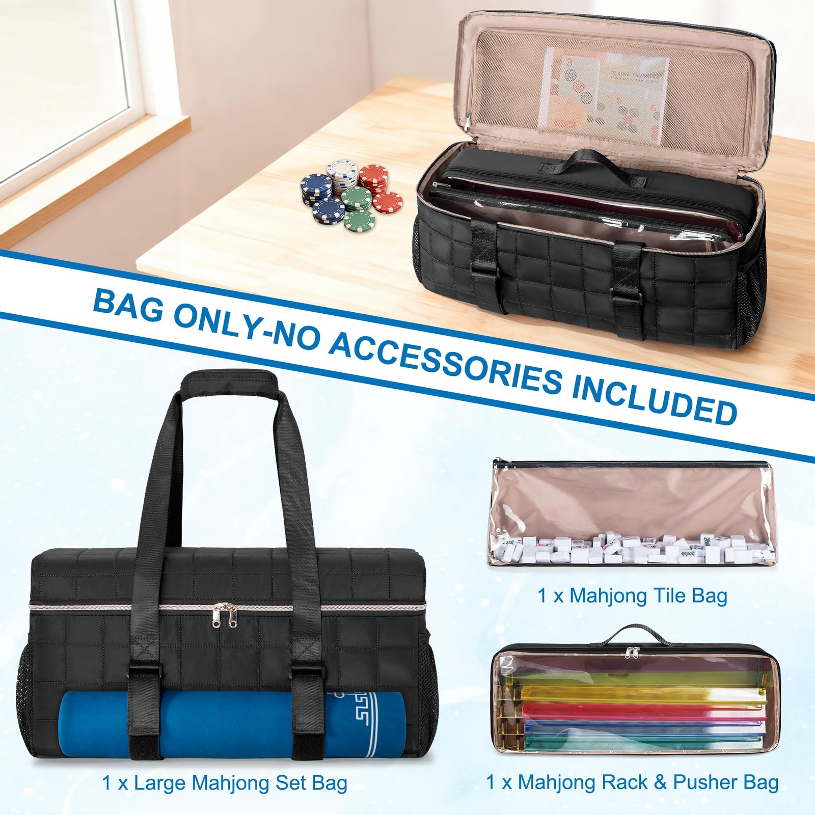 Mahjong Bag 3 Pcs Empty Set Storage with Tiles Racks Pushers Black Teamoy Game