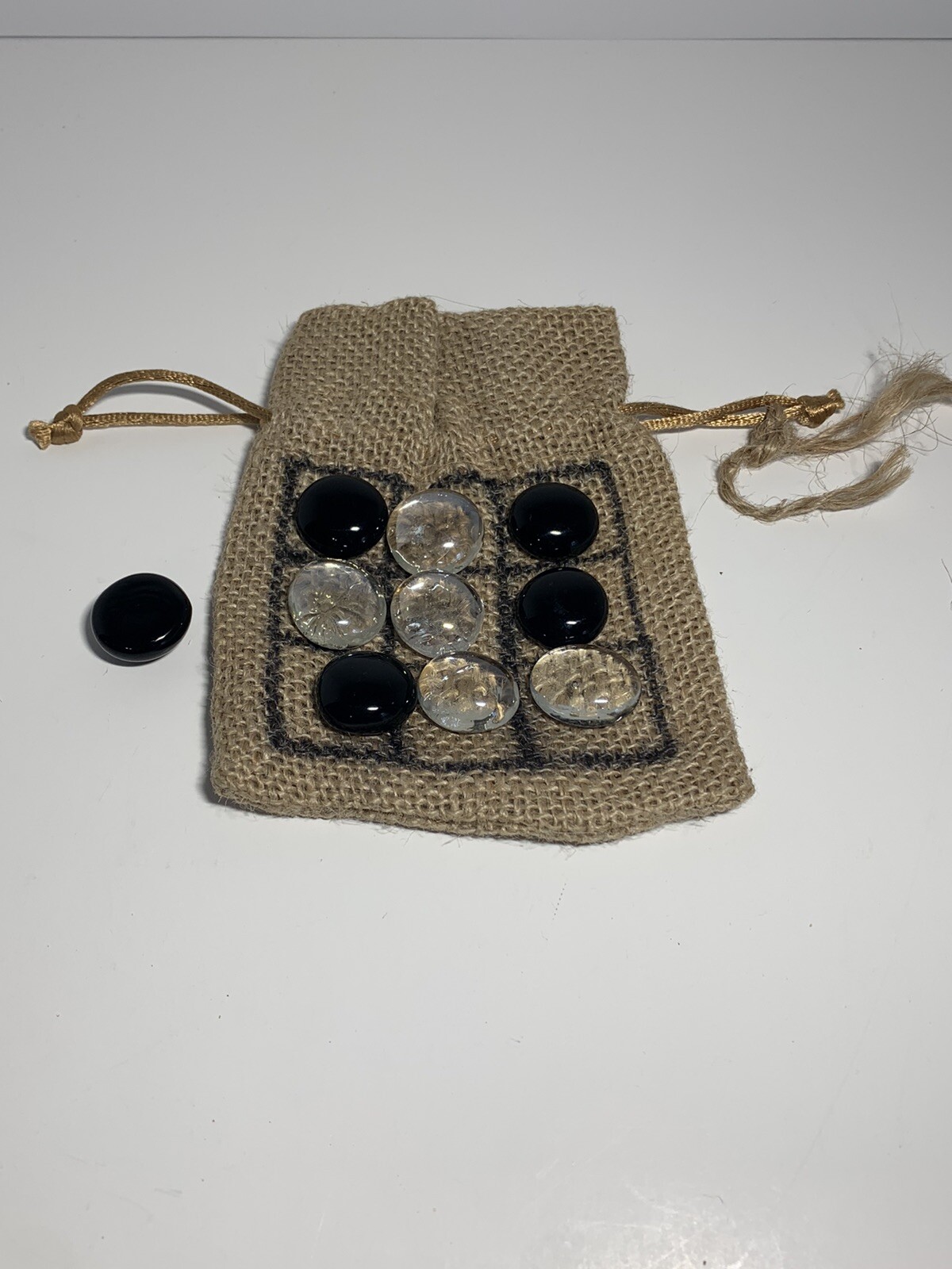 Handmade Tic-Tac-Toe Game Travel Size Burlap Sack with Flat Marble Markers