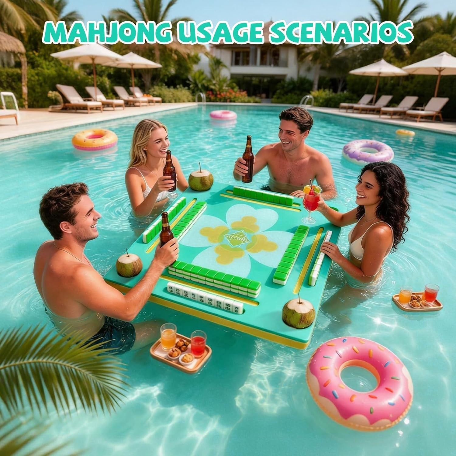 Floating Mahjong Table Double Sided 32-inch Waterproof Water Game Tray for Pool