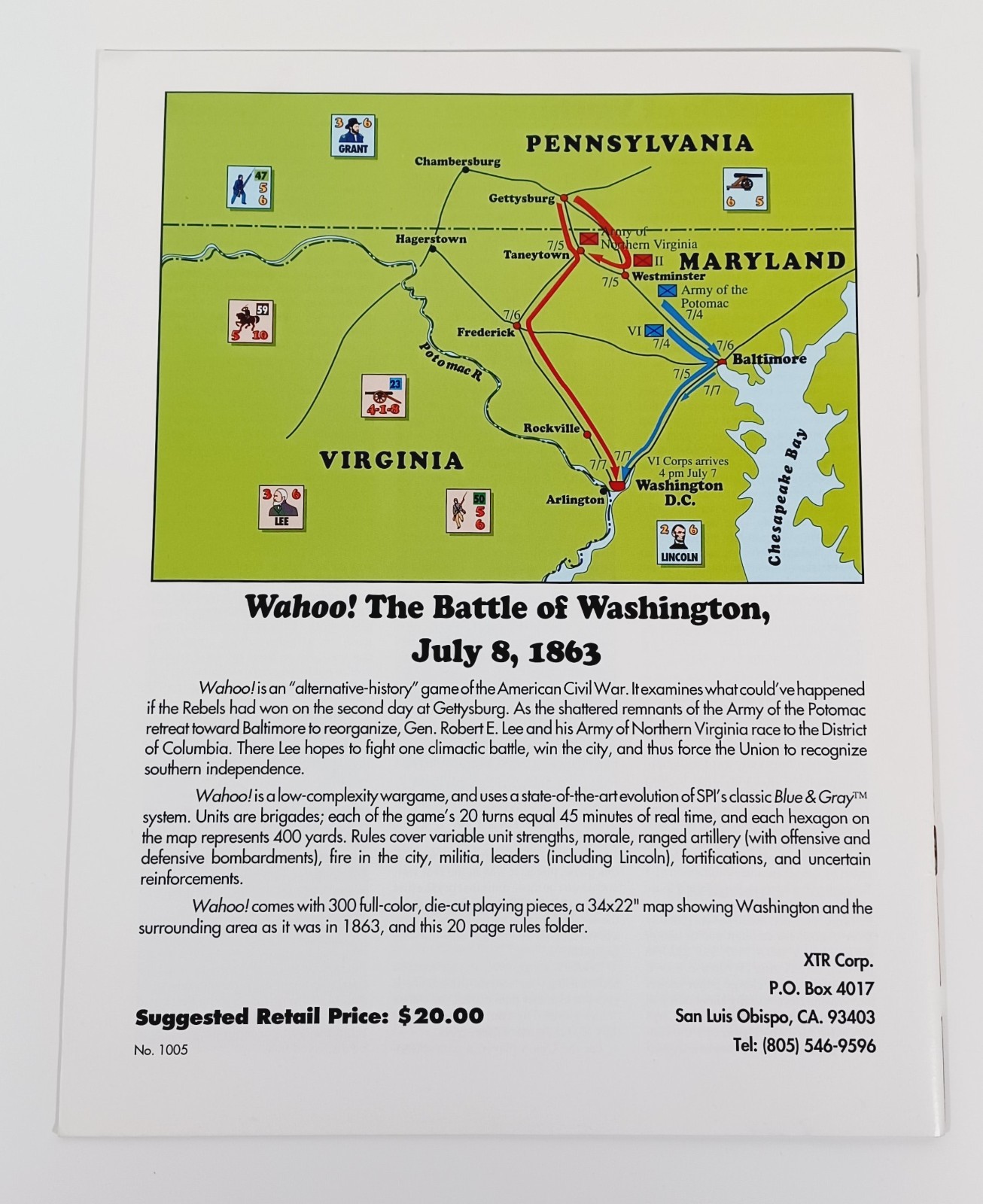 Vintage 1991 XTR Corp. Wahoo! The Battle Of Washington July 8, 1863 Board Game