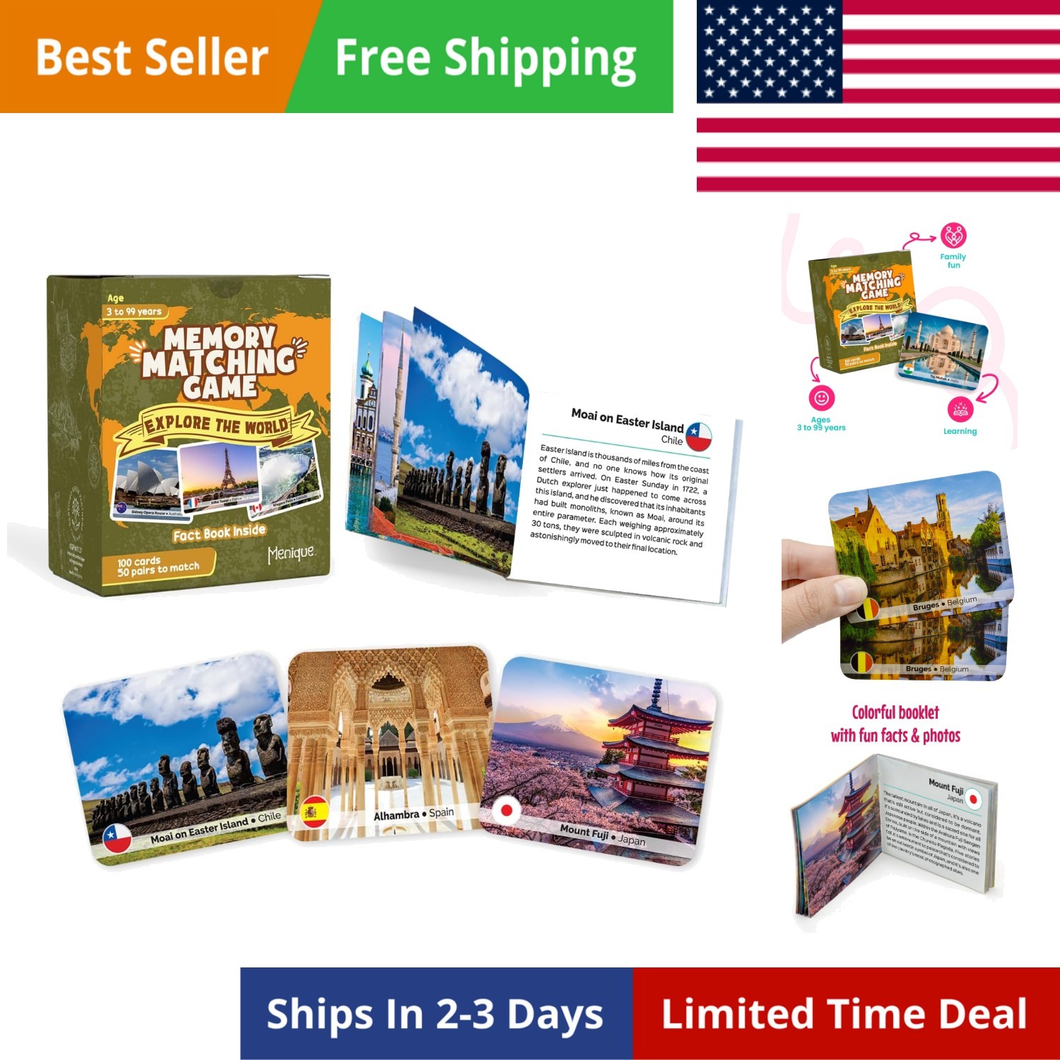 Explore the World Memory Matching Game – 100 Cards 50 Pairs with Famous Landm…