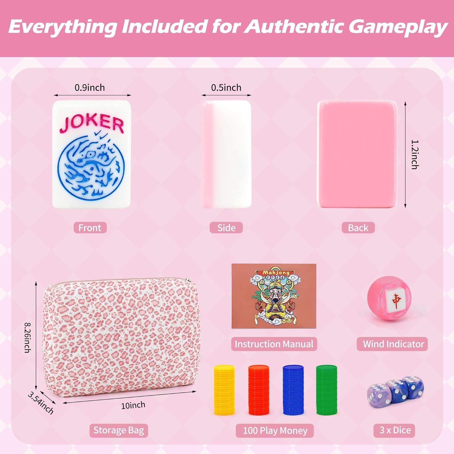 166 Pink American Printed Mahjong Game Set with Carrying Bag and Accessories, 1.