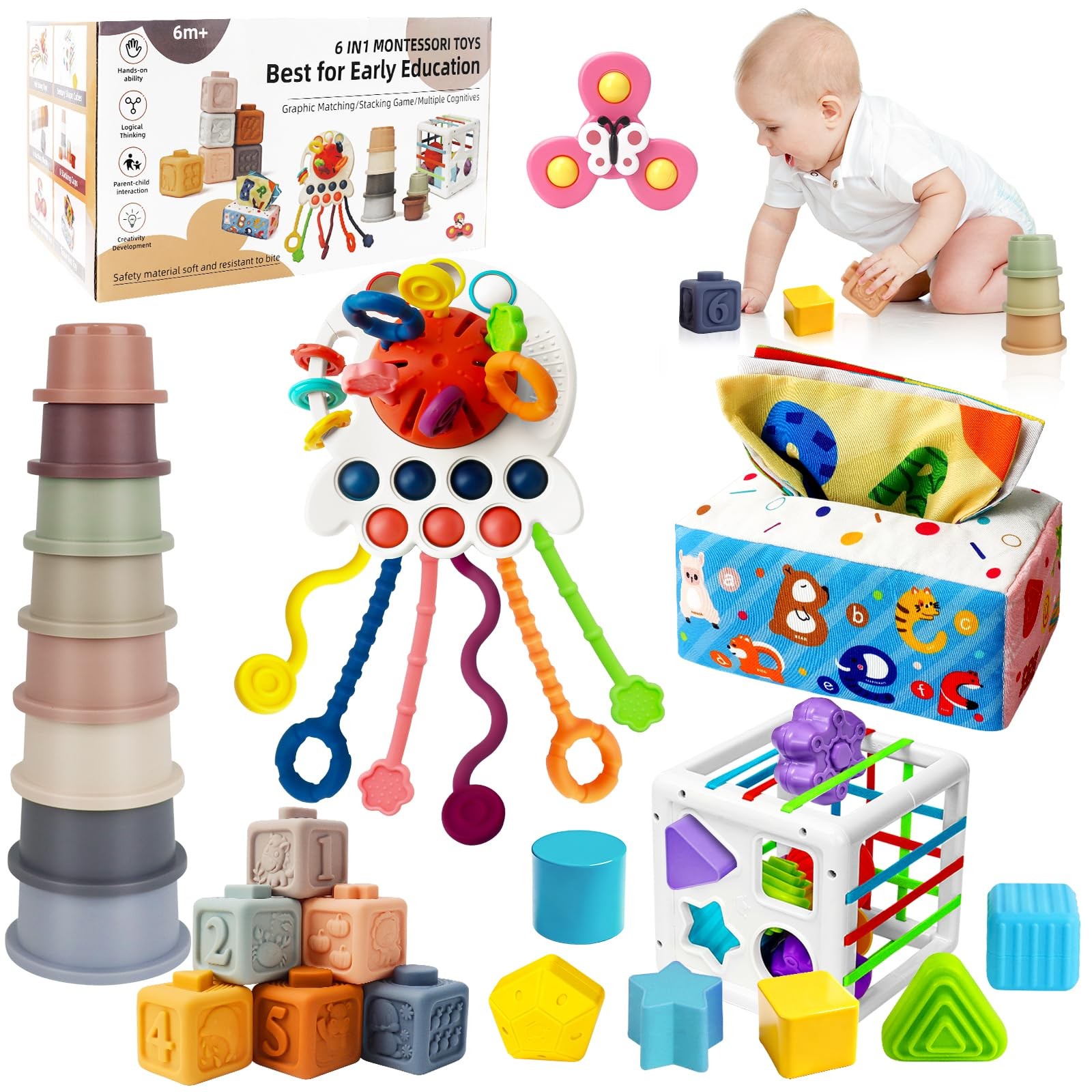 Baby Toy 6 in 1 Montessori Sensory Bin Stacking Cups Pull String EPOGG 6-12 1-3