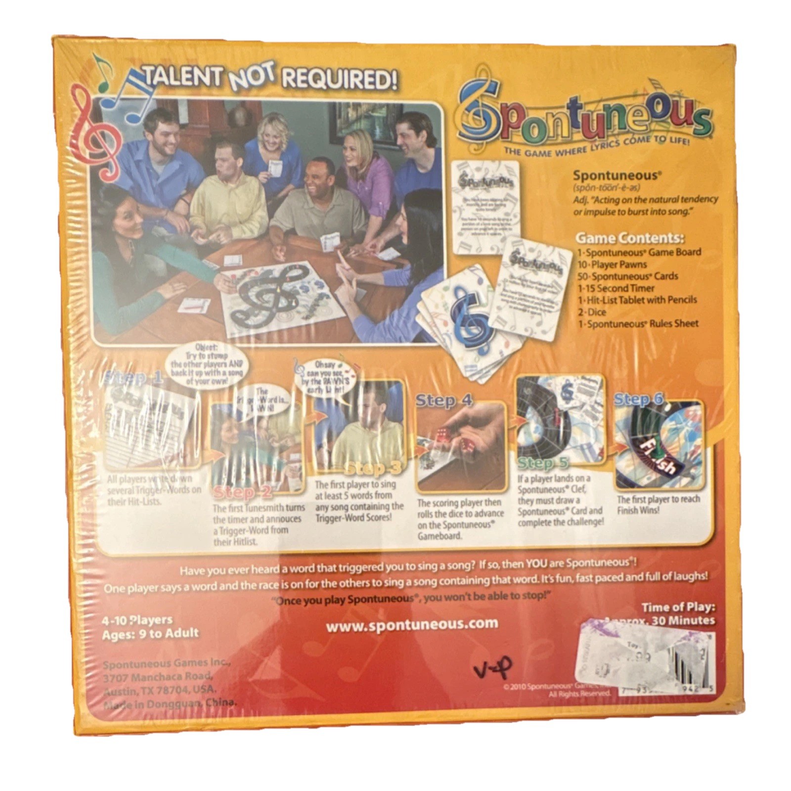 Spontuneous Music Party Game w/ Timer Ages 8+ 4-10 Players 2010