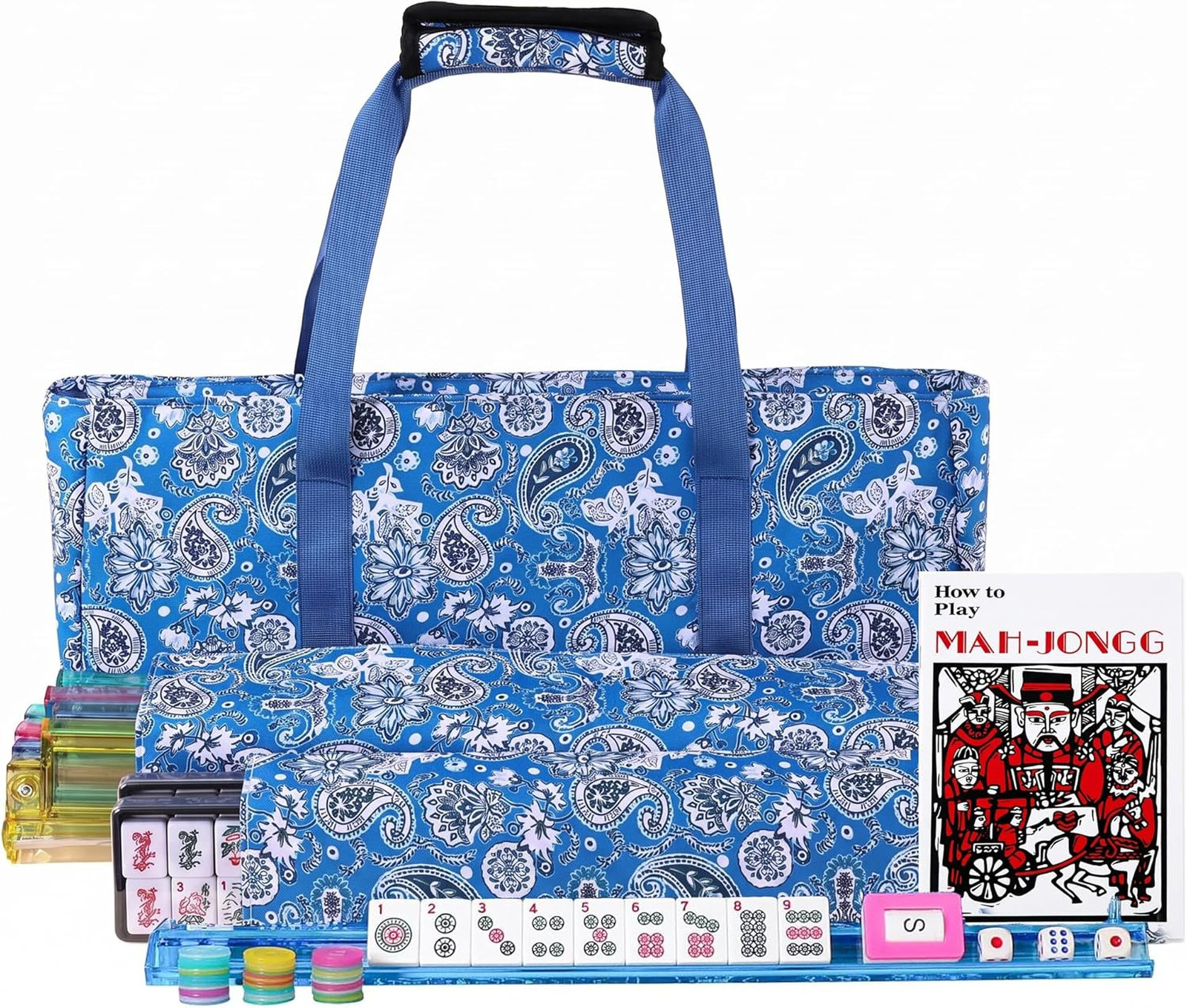 American Mahjong Set with Blue Carrying Bag, 166 White Tiles, 4 All-in-One