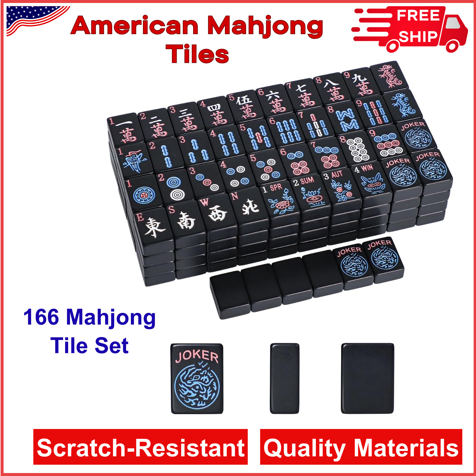 American Mahjong Tiles (1.2”,Tiles Only), 166 Mahjong Tile Set With Black Color