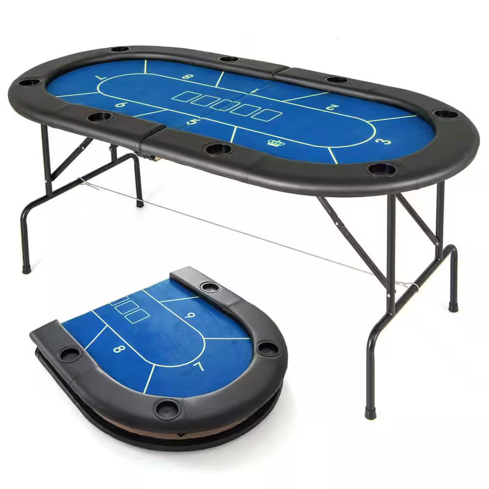 8 Players Card Board Game Table with 8 Cup Holders Casino-Grade Felt Surface Blu