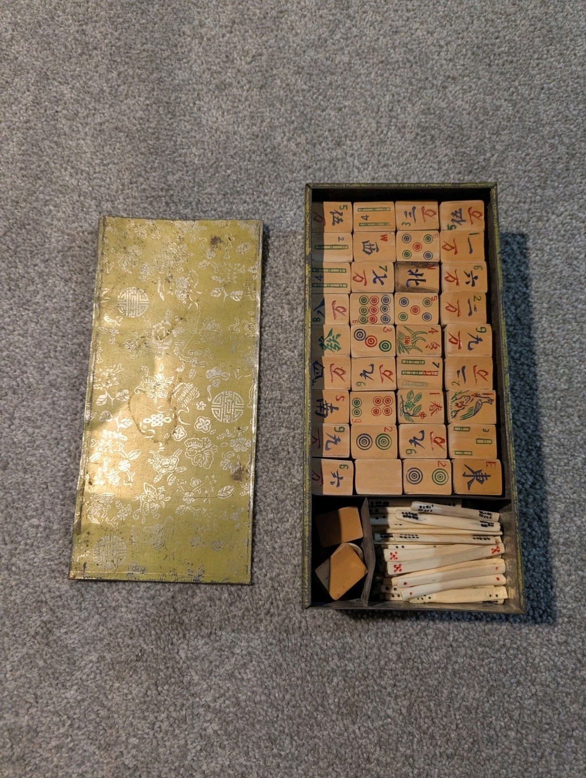 Antique Mahjong Set Bone Bamboo 140 Tiles + 8 Blank & Extras Metal Tin Chinese