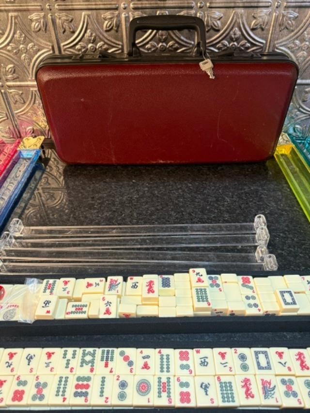 American Mah Jongg- 166 tiles, 6 replacements, acrylic racks, hard burgundy case