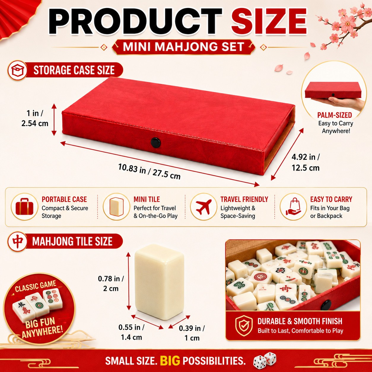 Travel Mini Mahjong Set 144 Tiles 2 Dice Red Carry Case Family Tabletop Game Toy